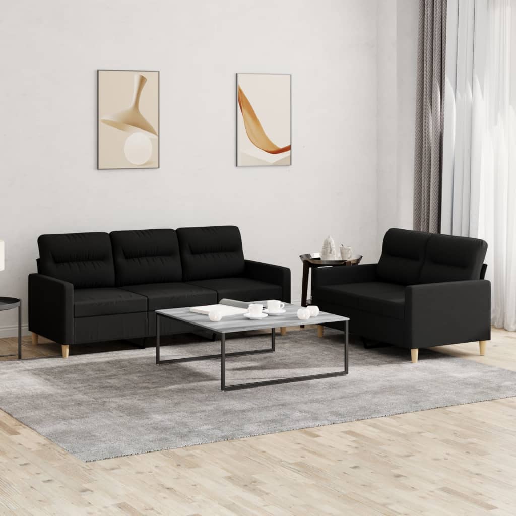 2-tlg. Sofagarnitur mit Kissen Schwarz Stoff 2-tlg. Sofagarnitur mit Kissen Schwarz Stoff