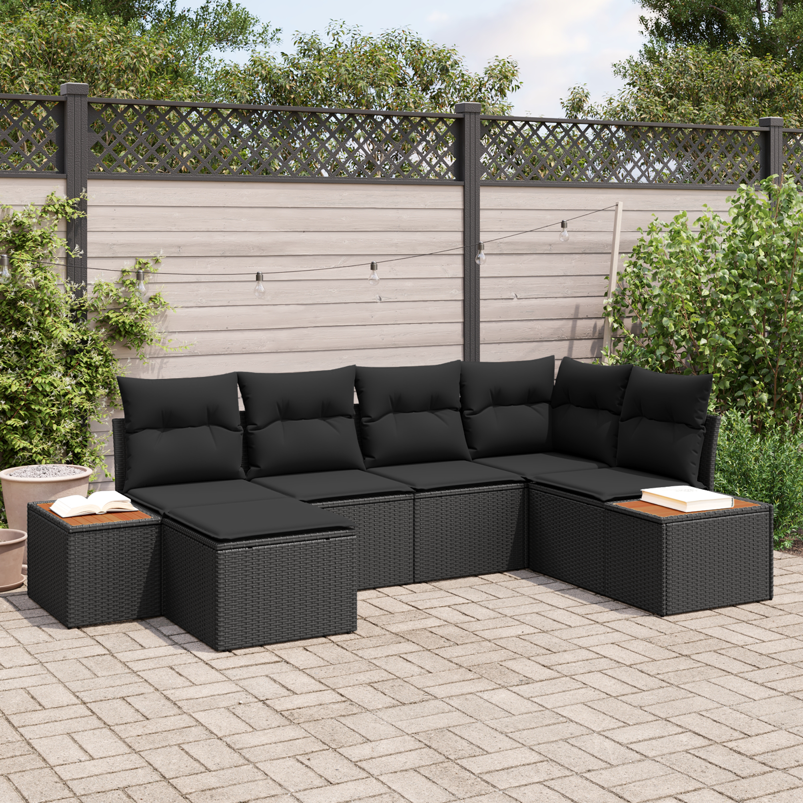 6-teiliges Garten Sofa Set mit Kissen Schwarz Poly Rattan Akazie 6-teiliges Garten Sofa Set mit Kissen Schwarz Poly Rattan Akazie