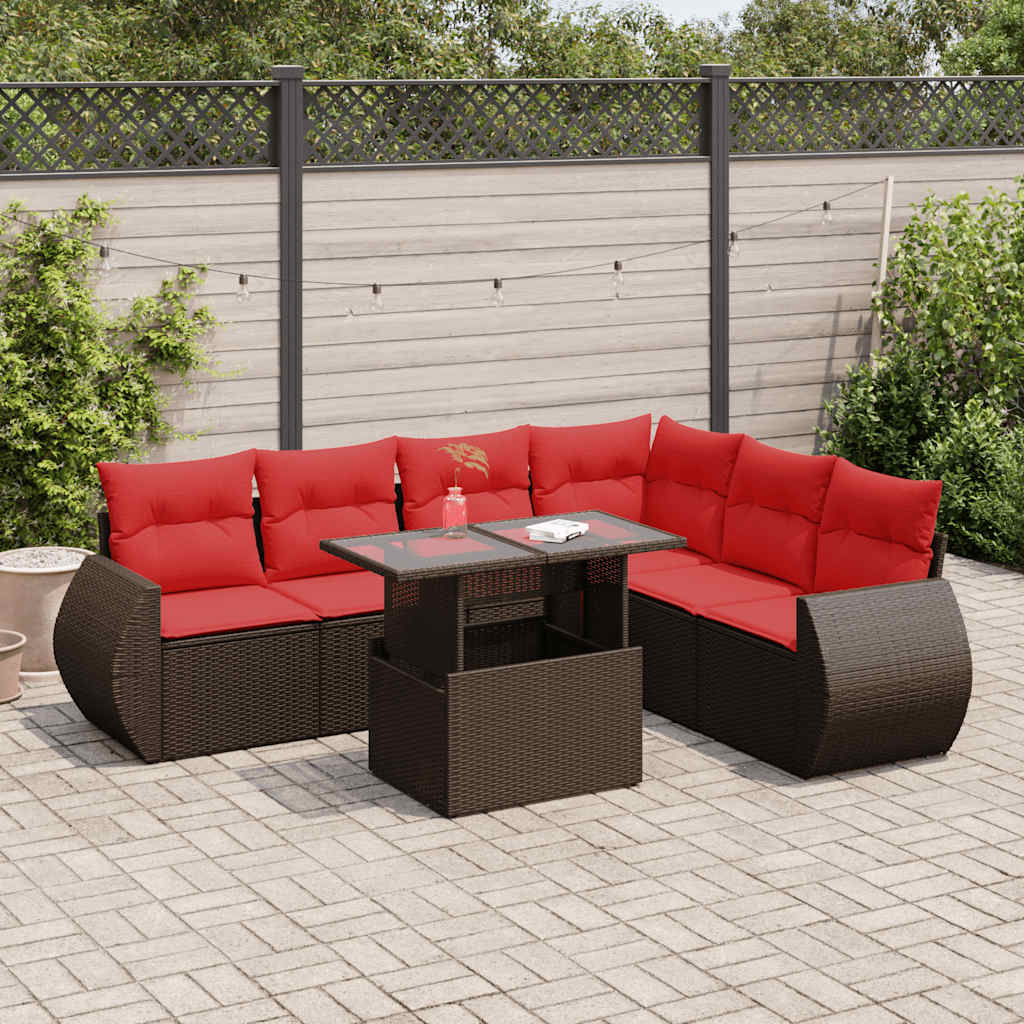 7-tlg. Garten-Sofagarnitur mit Kissen Braun Poly Rattan Akazie 7-tlg. Garten-Sofagarnitur mit Kissen Braun Poly Rattan Akazie