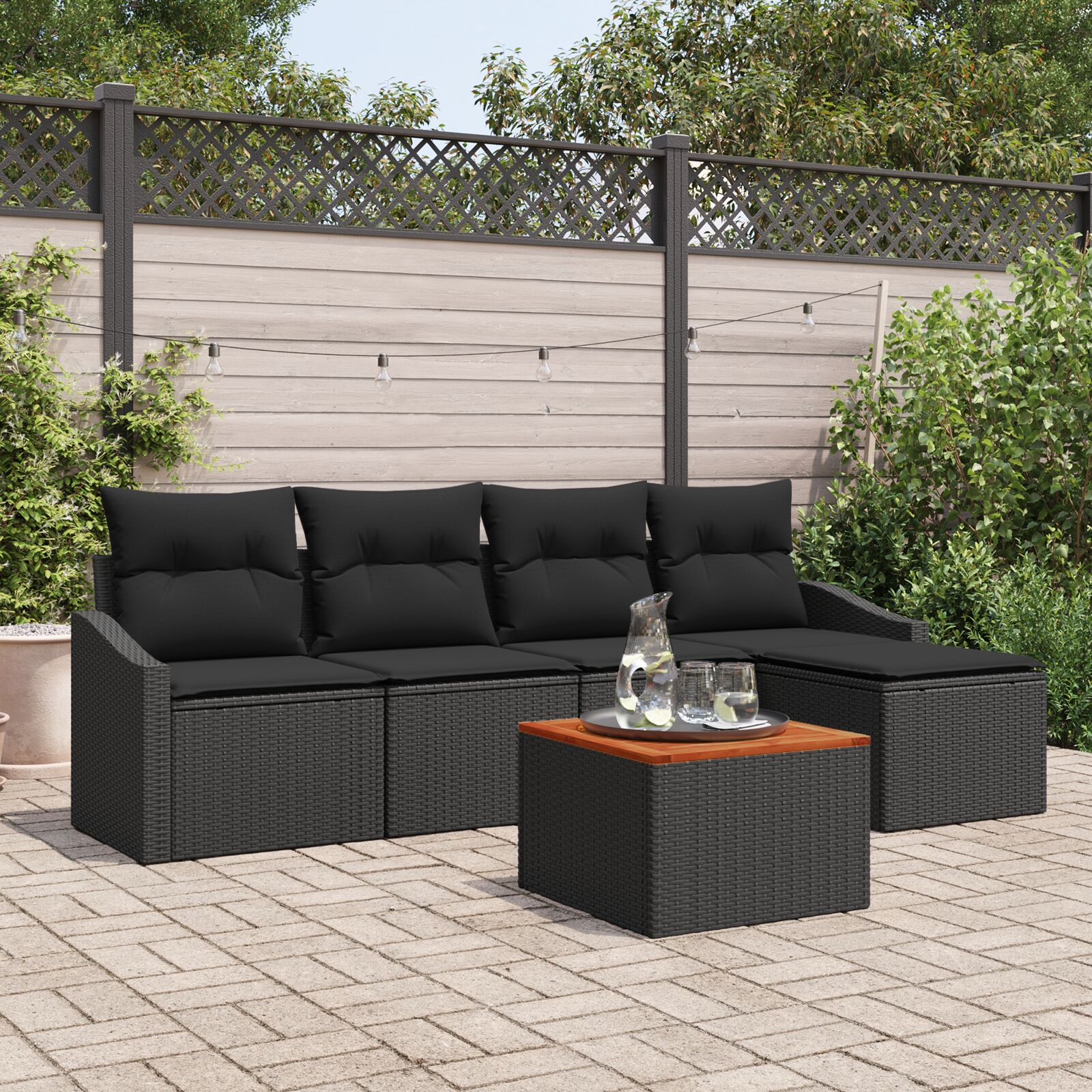 6-teiliges Garten Sofa Set mit Kissen Schwarz Poly-Rattan Akazie 6-teiliges Garten Sofa Set mit Kissen Schwarz Poly-Rattan Akazie