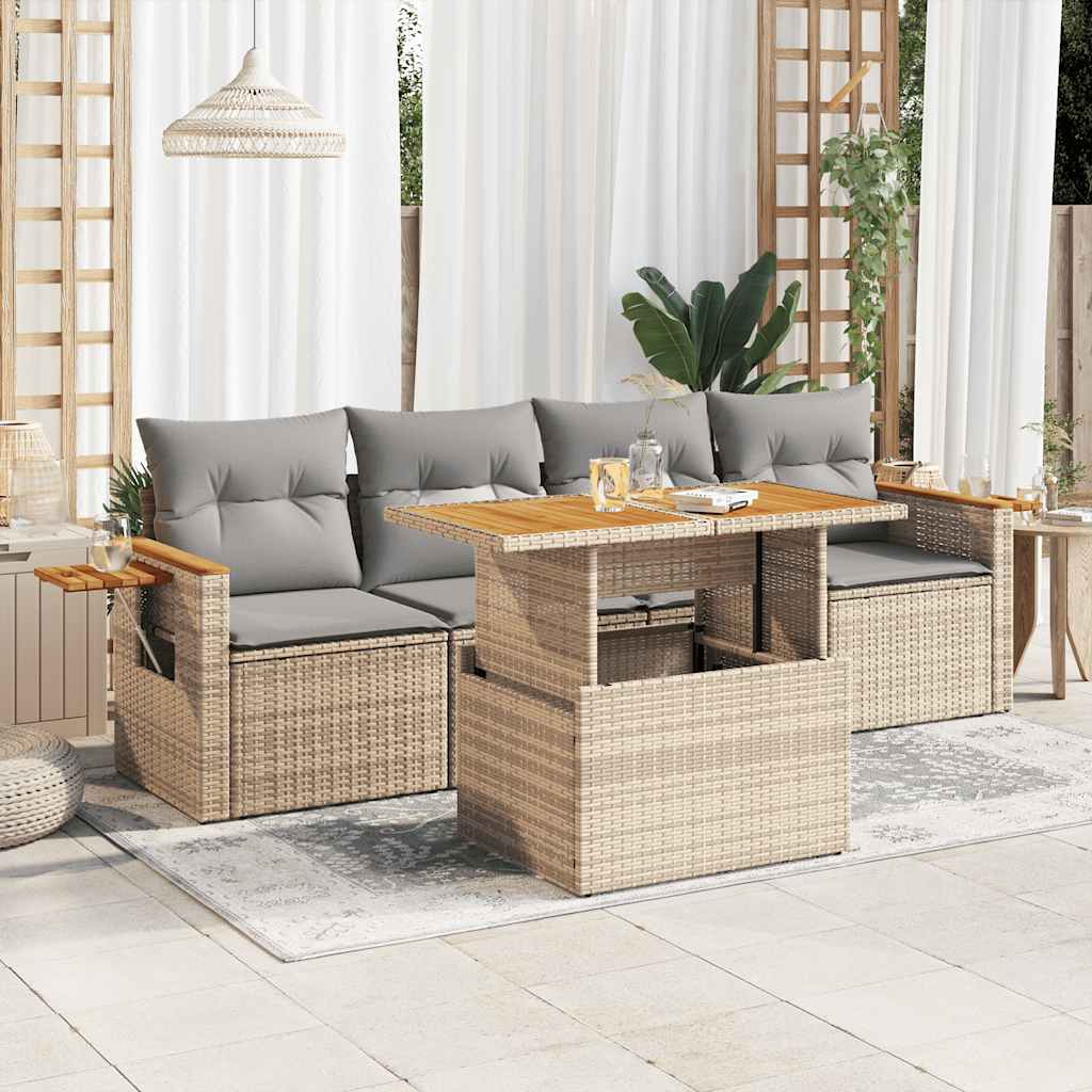 5-tlg. Garten-Sofagarnitur mit Kissen Beige Poly Rattan Akazie 5-tlg. Garten-Sofagarnitur mit Kissen Beige Poly Rattan Akazie