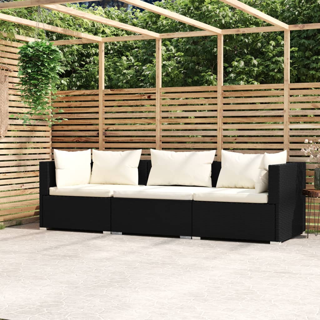 3-Sitzer-Sofa mit Kissen Schwarz Poly Rattan 3-Sitzer-Sofa mit Kissen Schwarz Poly Rattan
