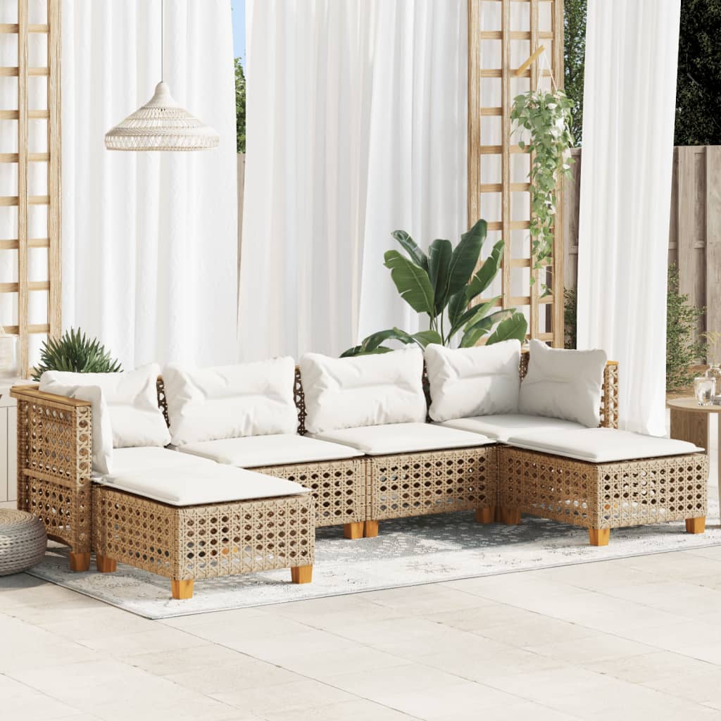 6-tlg. Garten-Sofagarnitur mit Kissen Beige Poly Rattan