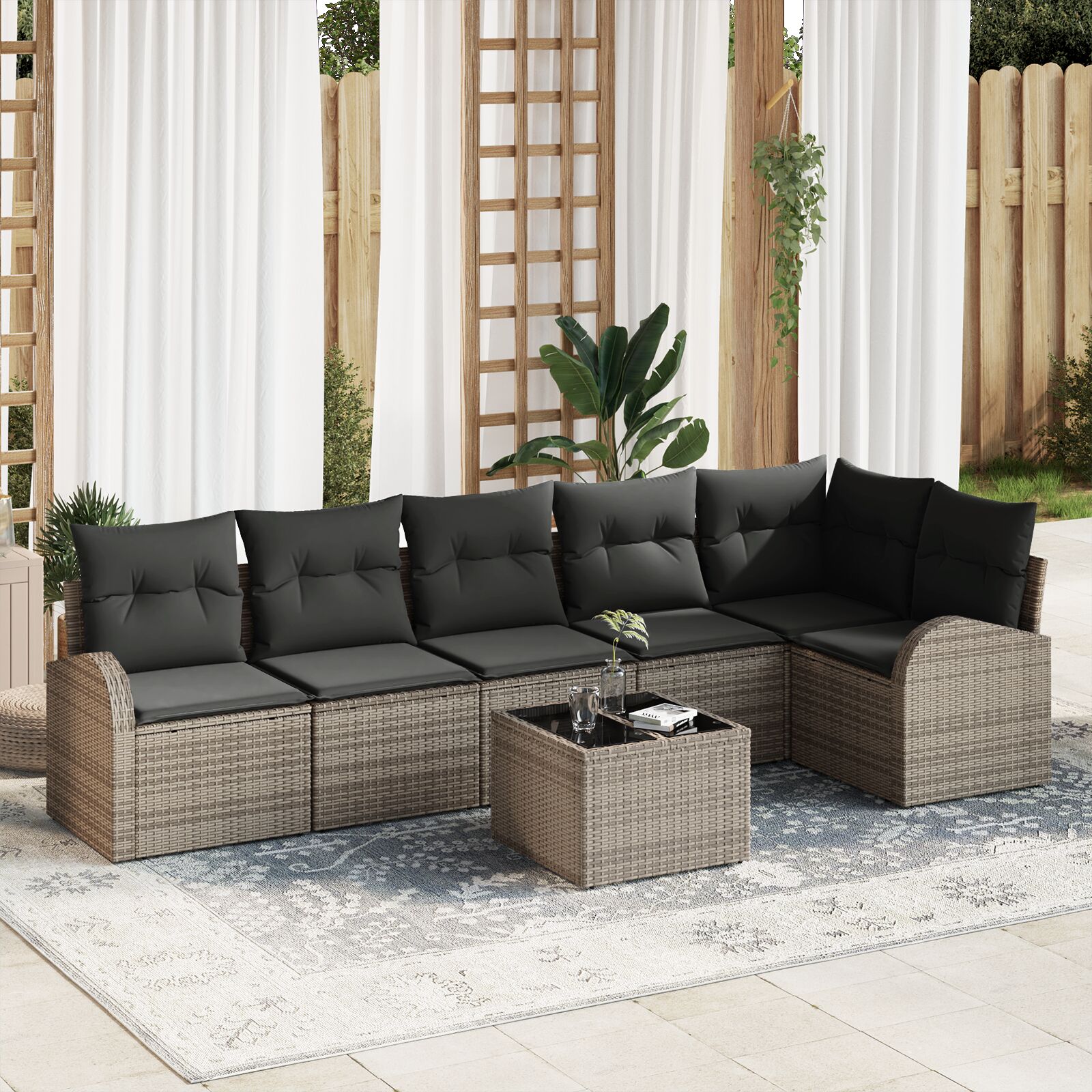6-teiliges Garten-Sofa-Set mit Kissen Schwarz Poly Rattan 6-teiliges Garten-Sofa-Set mit Kissen Schwarz Poly Rattan