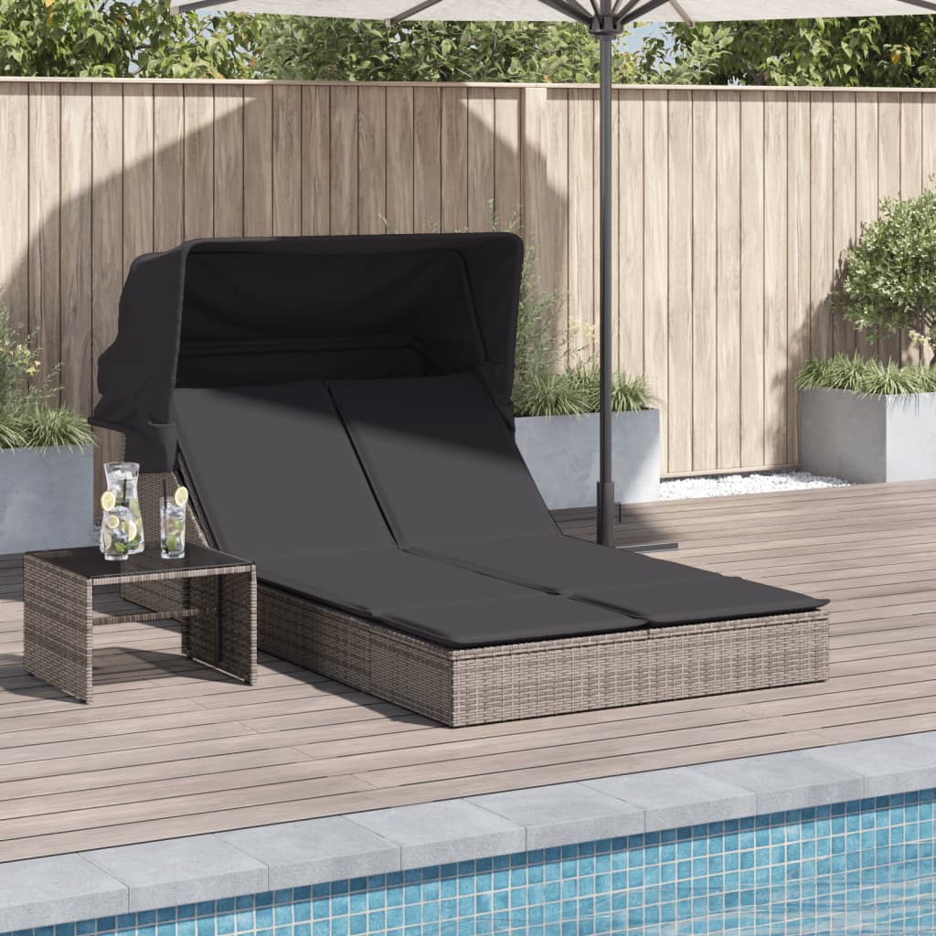Doppel-Sonnenliege mit Dach und Auflagen Grau Poly Rattan Doppel-Sonnenliege mit Dach und Auflagen Grau Poly Rattan
