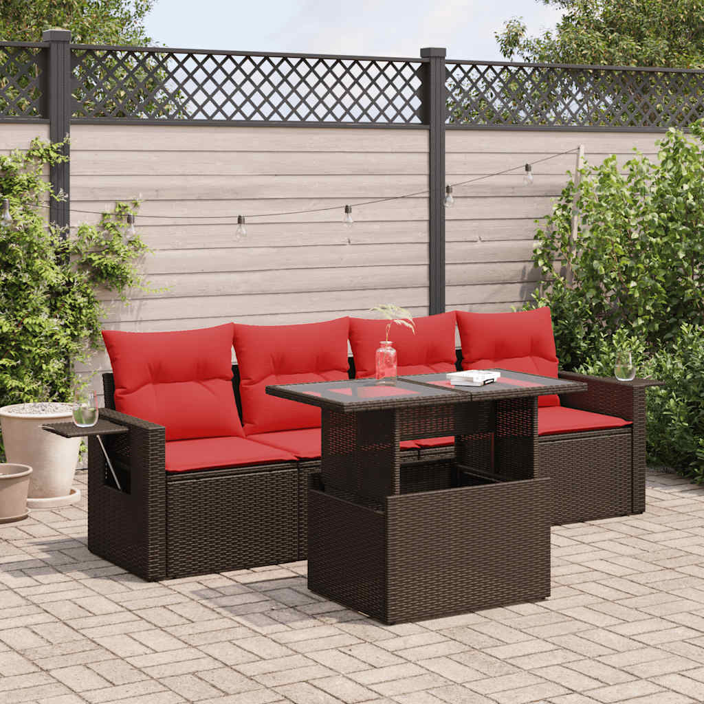 5-tlg. Garten-Sofagarnitur mit Kissen Grau Poly Rattan Akazie 5-tlg. Garten-Sofagarnitur mit Kissen Grau Poly Rattan Akazie