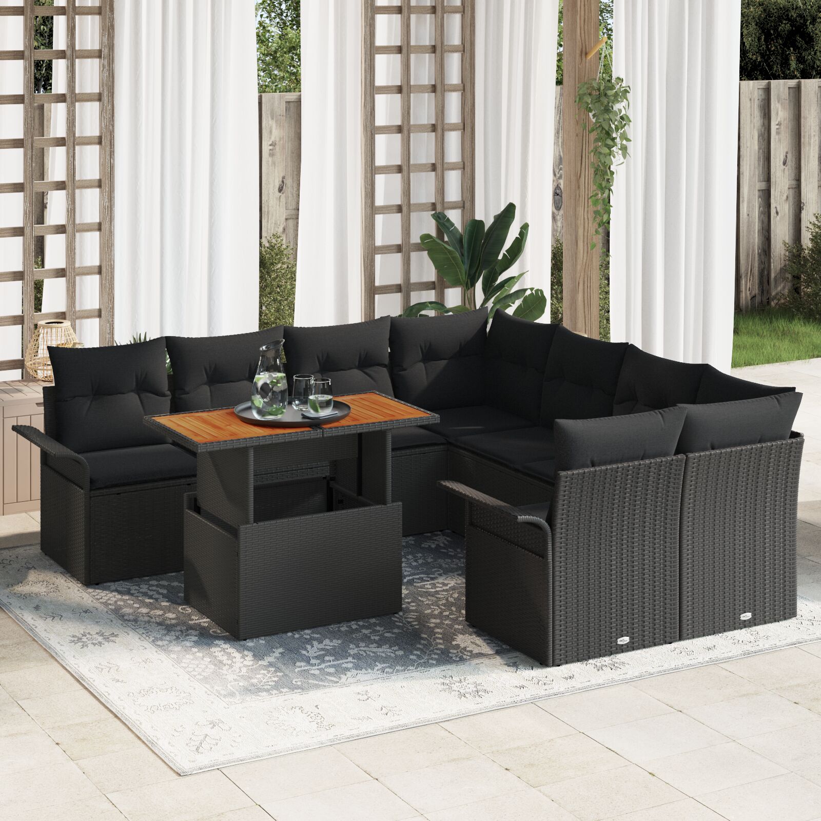 9-teiliges Garten Sofa Set mit Kissen Schwarz Poly Rattan Akazie 9-teiliges Garten Sofa Set mit Kissen Schwarz Poly Rattan Akazie