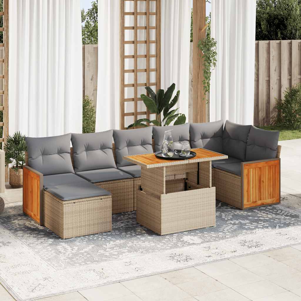7-tlg. Garten-Sofagarnitur mit Kissen Beige Poly Rattan Akazie 7-tlg. Garten-Sofagarnitur mit Kissen Beige Poly Rattan Akazie