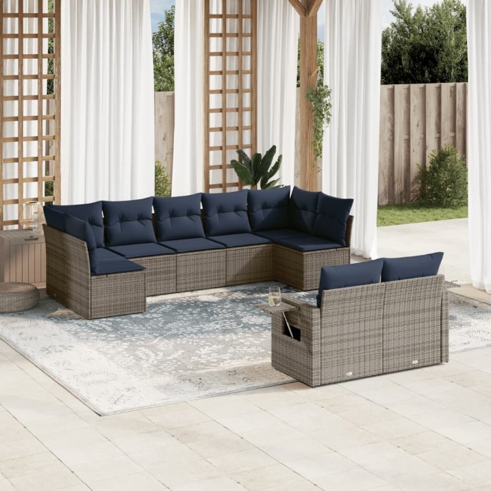 9-teiliges Gartensofa-Set mit Kissen, grau, Polyrattan 9-teiliges Gartensofa-Set mit Kissen, grau, Polyrattan