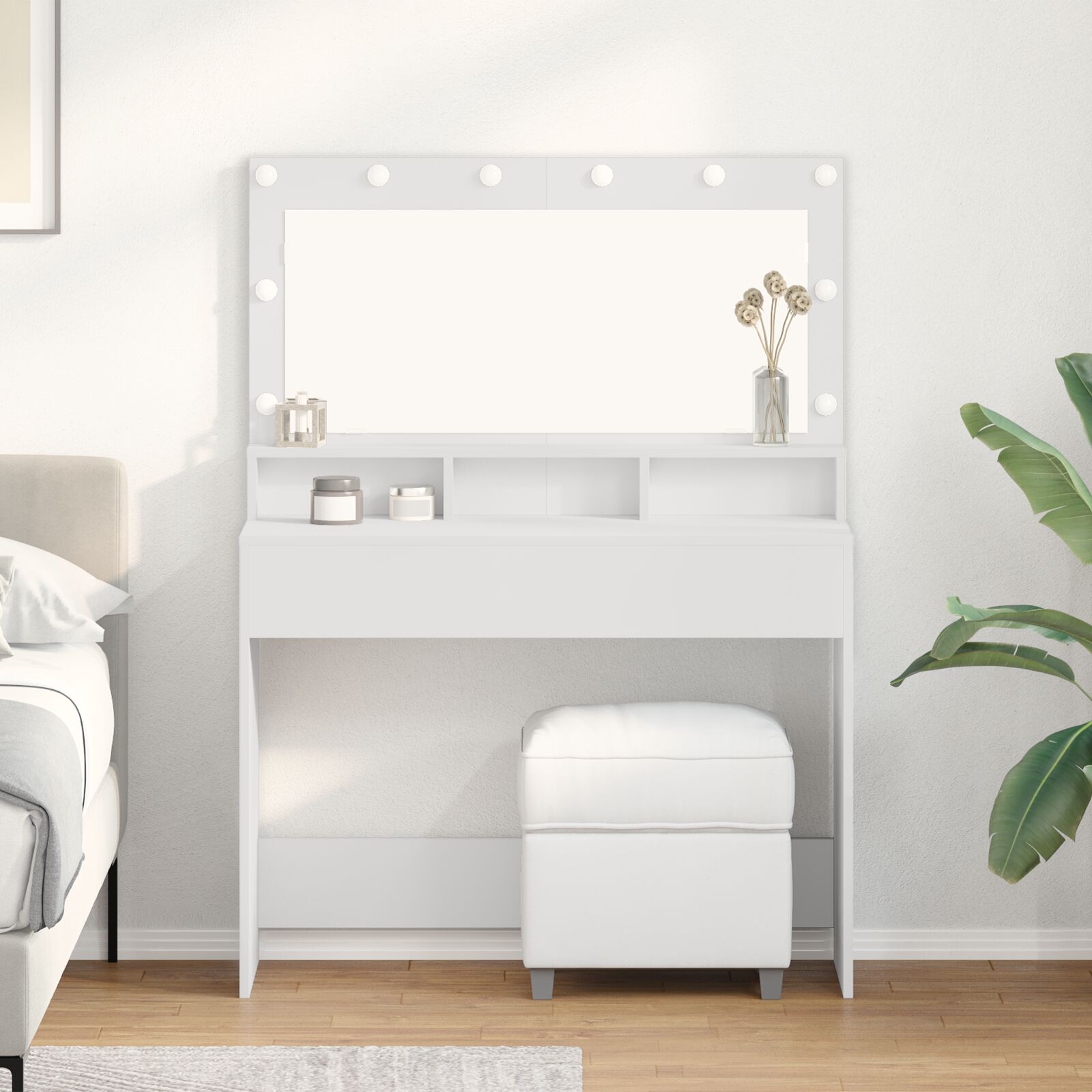 vidaXL Weißer Schminktisch mit LED-Lichtern - 100x41x135 cm