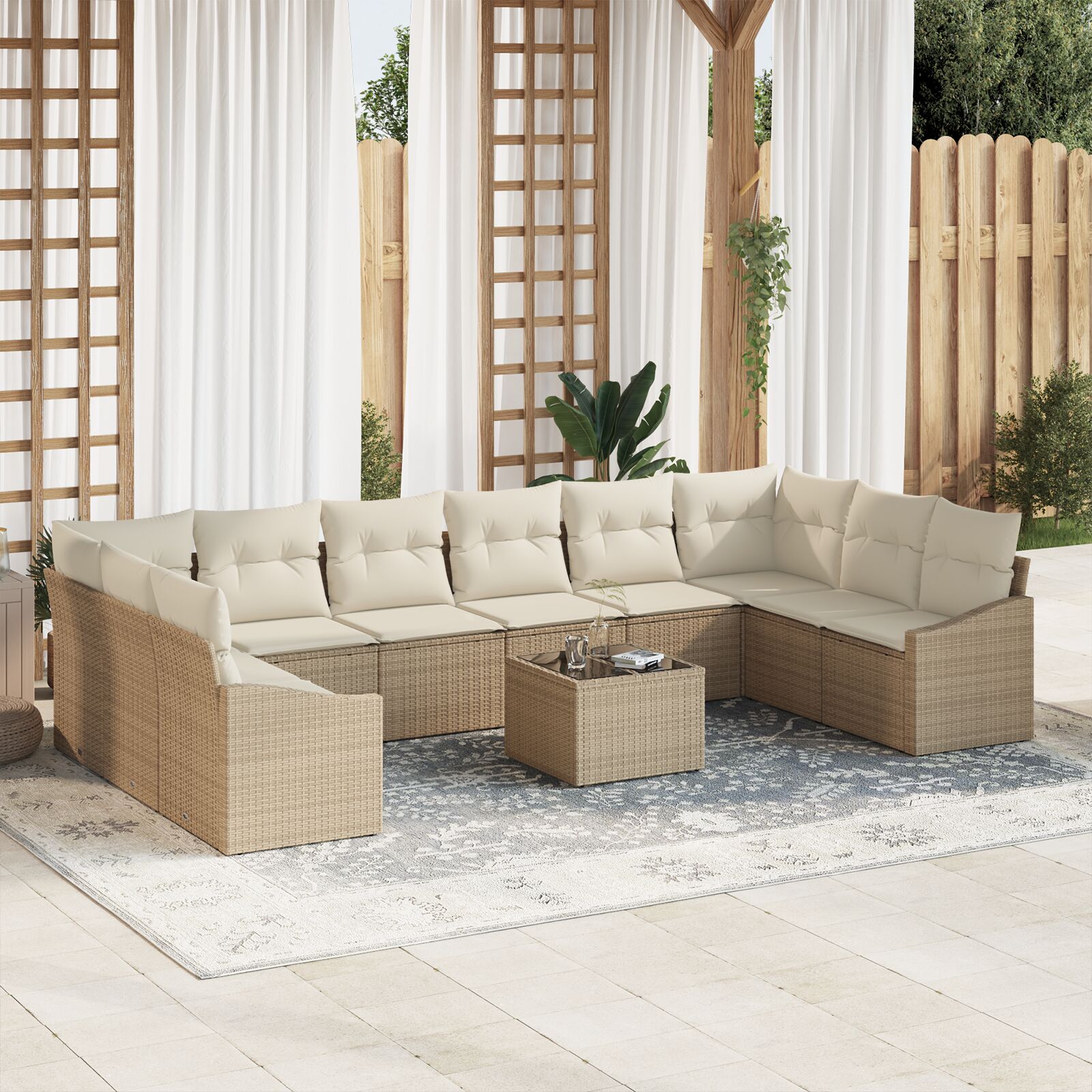 11-teiliges Garten-Sofa-Set mit Kissen aus braunem Poly Rattan