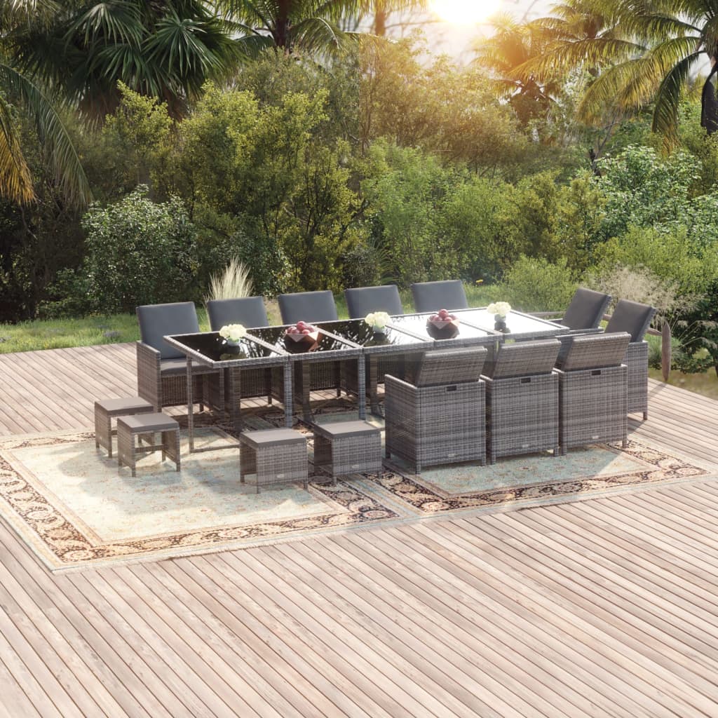 15-tlg. Garten-Essgruppe mit Kissen Poly Rattan Grau 15-tlg. Garten-Essgruppe mit Kissen Poly Rattan Grau
