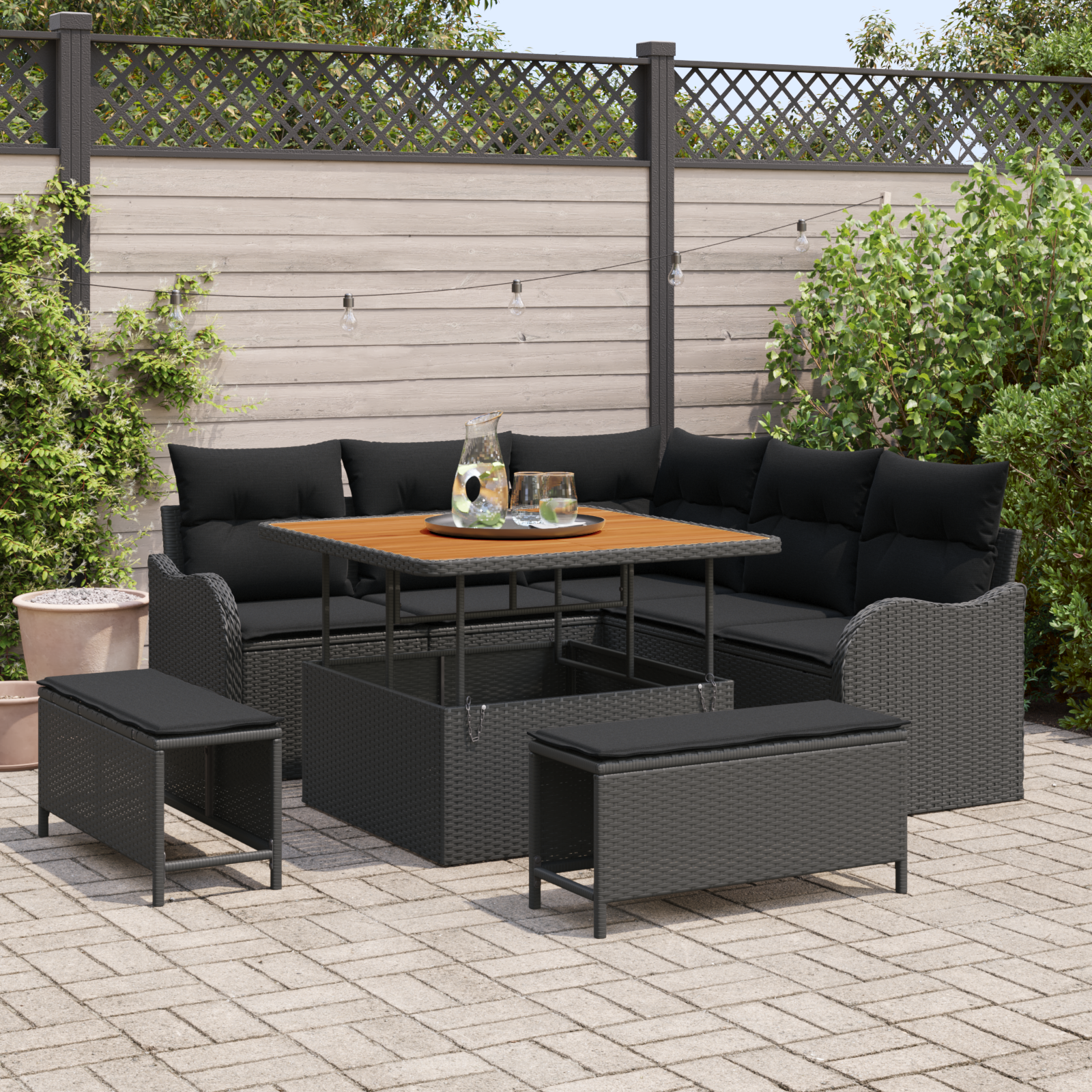 8-teiliges Garten Sofa Set mit Kissen Schwarz Poly Rattan Akazie