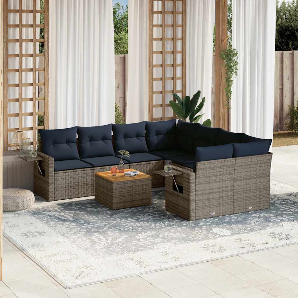 9-teiliges Gartensofa-Set mit Kissen, grau, Polyrattan 9-teiliges Gartensofa-Set mit Kissen, grau, Polyrattan