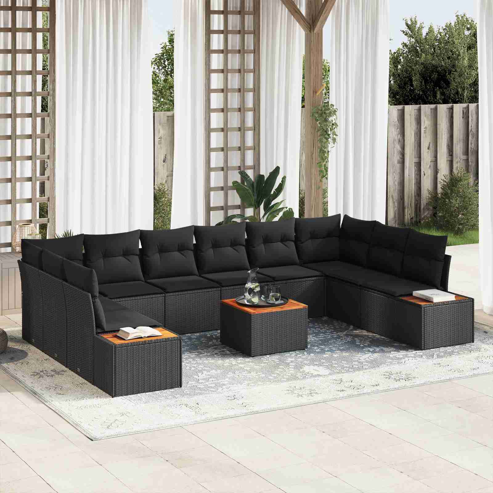 11-teiliges Garten Sofa Set mit Kissen Schwarz Poly Rattan Akazie 11-teiliges Garten Sofa Set mit Kissen Schwarz Poly Rattan Akazie