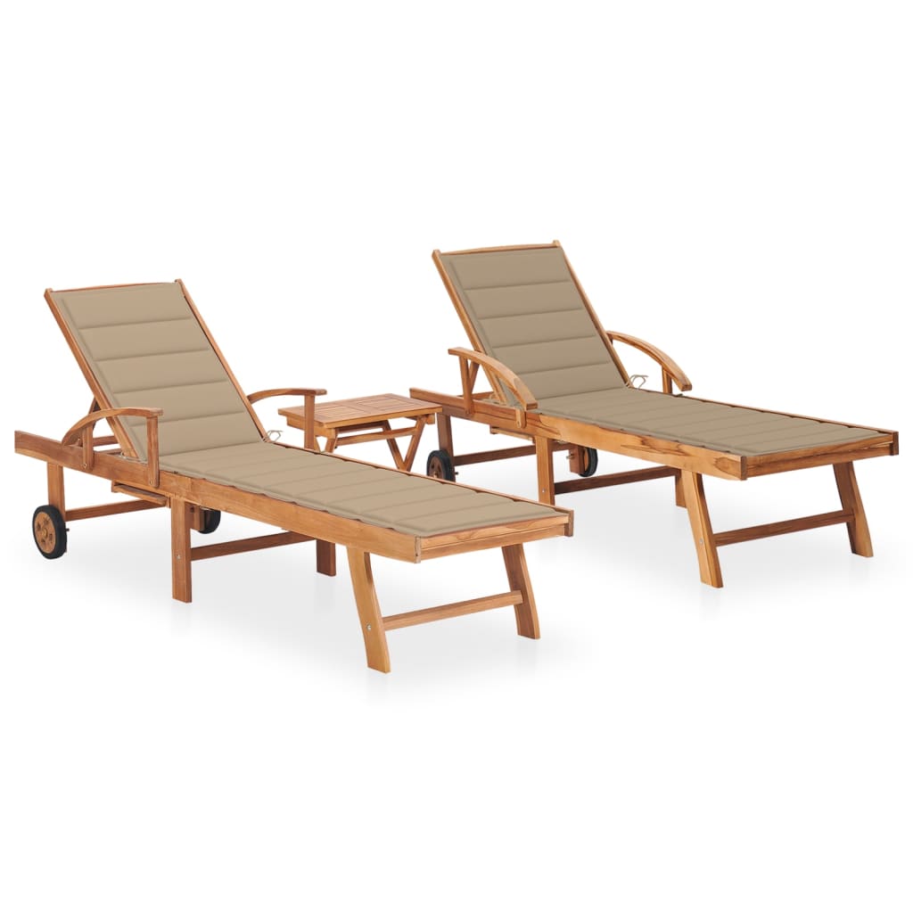 Sonnenliegen 2 Stk. mit Tisch und Auflagen Massivholz Teak