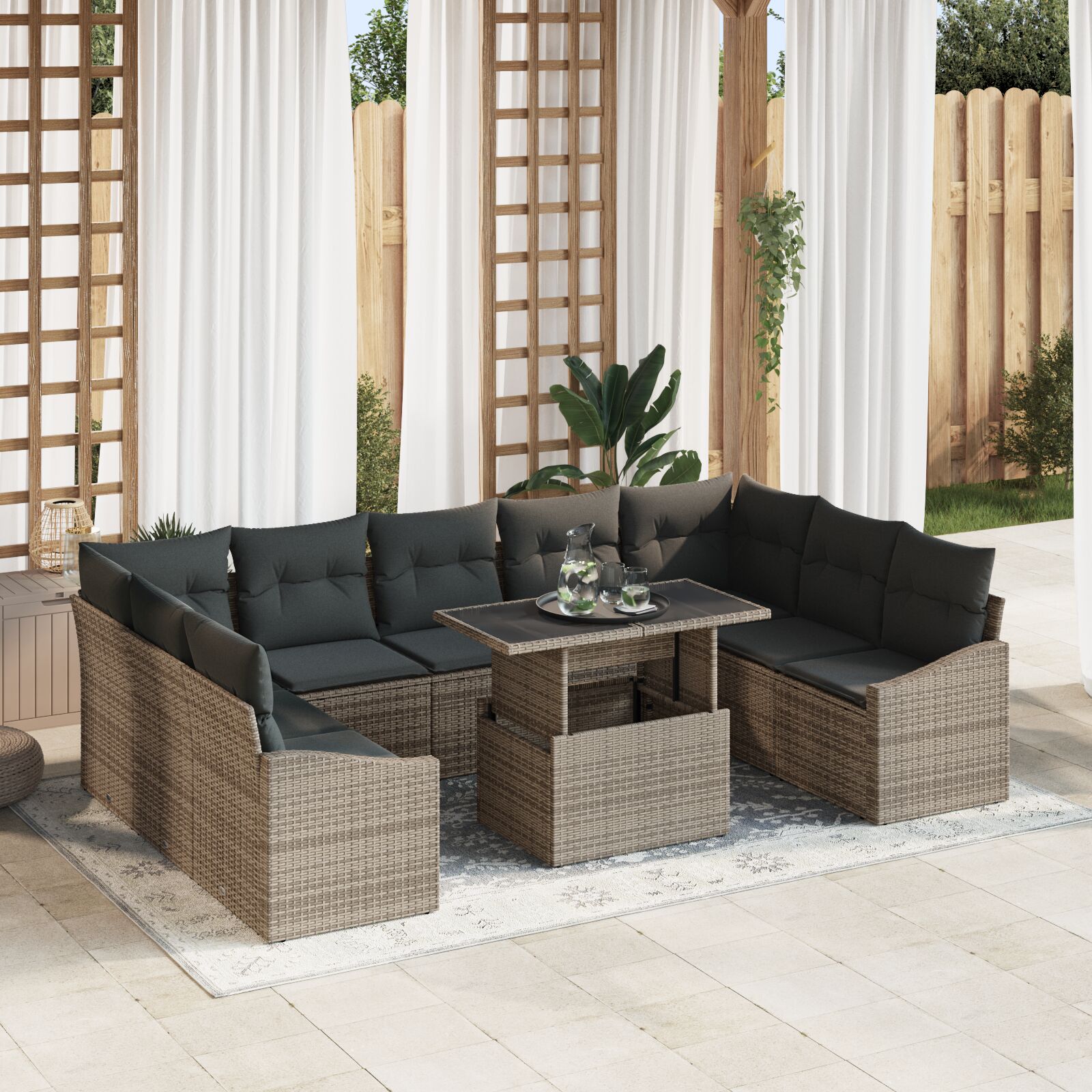 10-teiliges Garten Sofaset mit Kissen Grau Poly Rattan