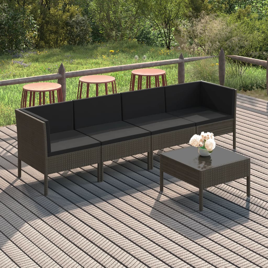 5-tlg. Garten-Lounge-Set mit Auflagen Poly Rattan Grau 5-tlg. Garten-Lounge-Set mit Auflagen Poly Rattan Grau