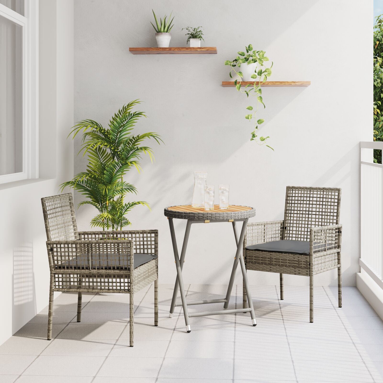 vidaXL 3-teiliges Garten Bistro Set mit Kissen Grau Poly Rattan vidaXL 3-teiliges Garten Bistro Set mit Kissen Grau Poly Rattan