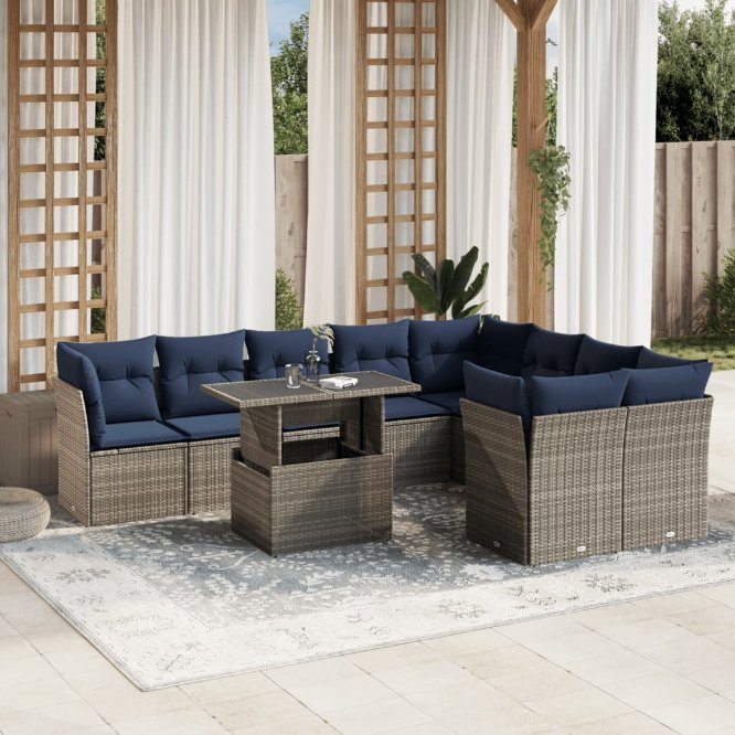 10-teiliges Gartensofa-Set mit Kissen, grau, Polyrattan 10-teiliges Gartensofa-Set mit Kissen, grau, Polyrattan