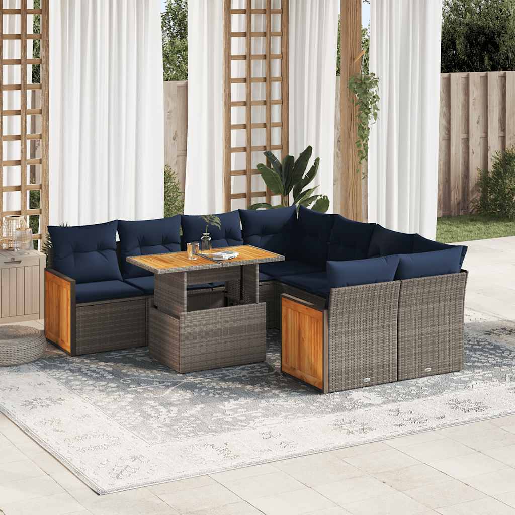 9-tlg. Garten-Sofagarnitur mit Kissen Grau Poly Rattan Akazie 9-tlg. Garten-Sofagarnitur mit Kissen Grau Poly Rattan Akazie