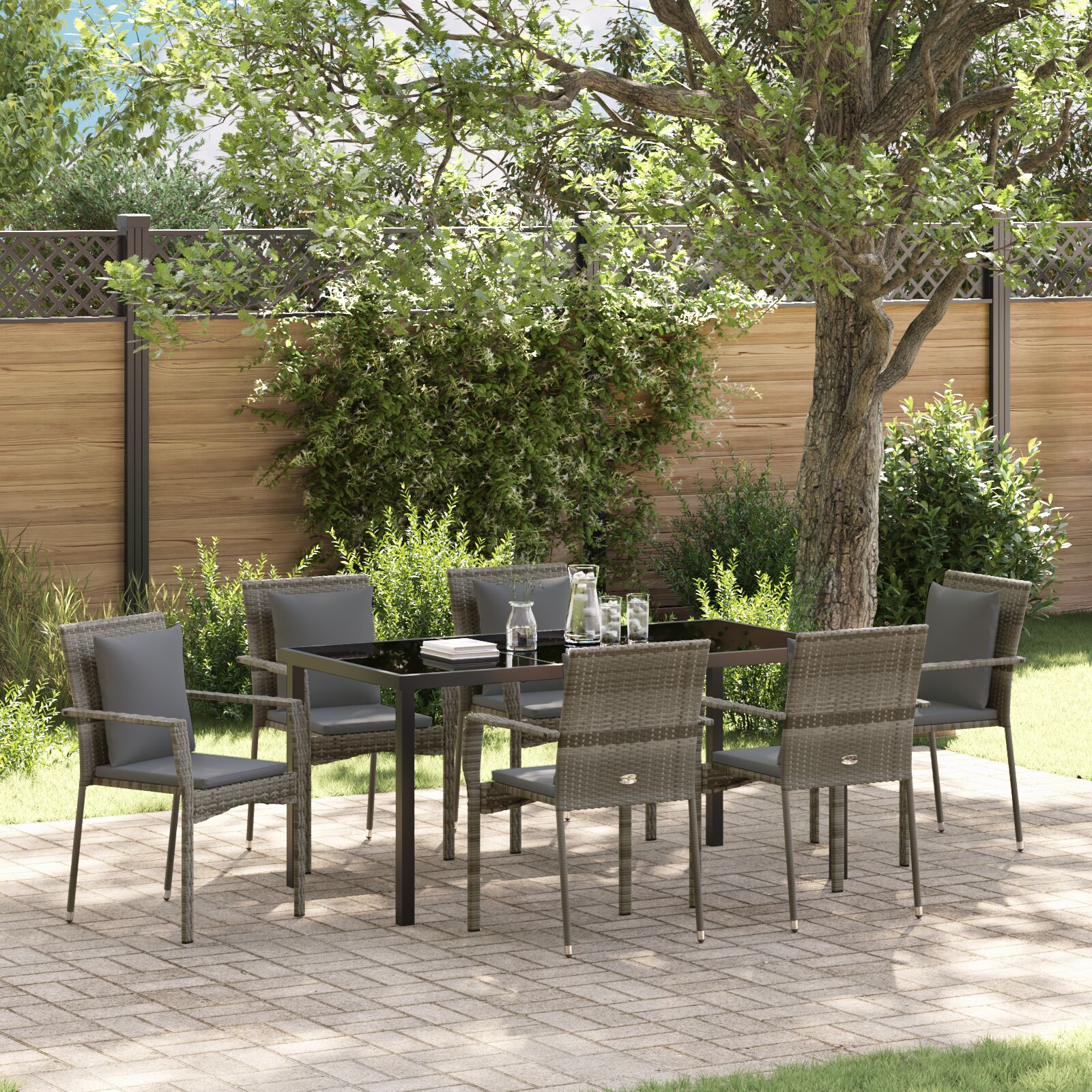 7-teiliges Garten-Essset mit Kissen Grau Poly-Rattan 7-teiliges Garten-Essset mit Kissen Grau Poly-Rattan