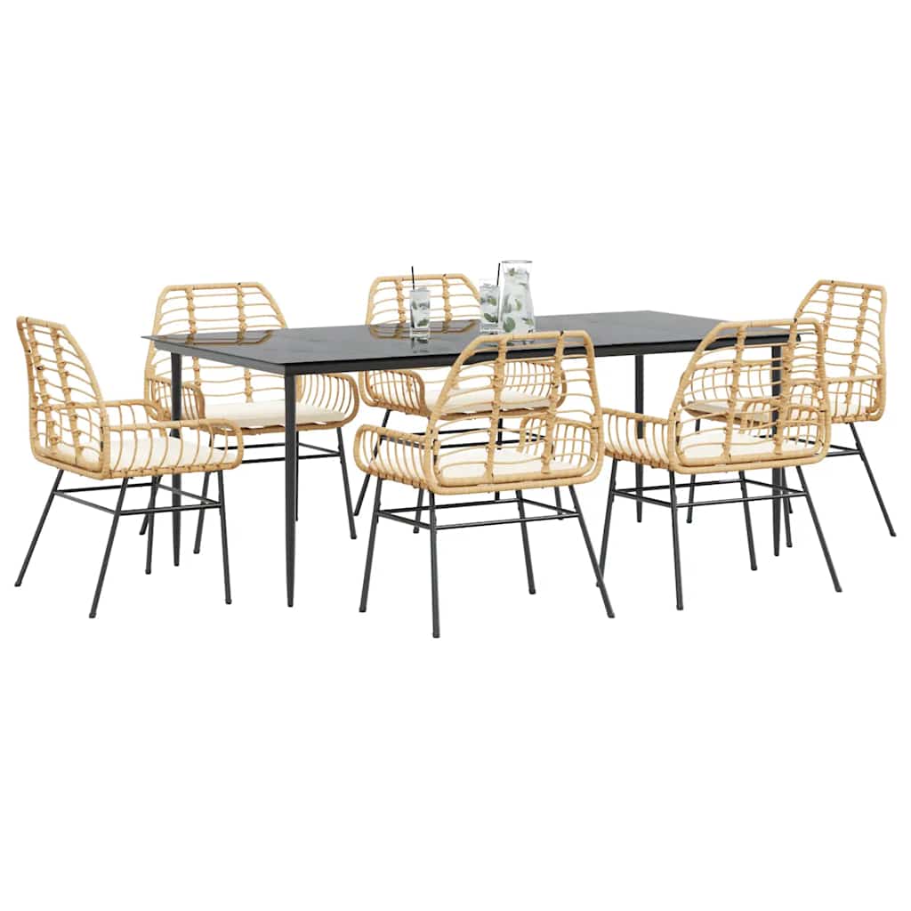 vidaXL 7-tlg. Garten-Essgruppe mit Kissen Braun Poly Rattan Glas