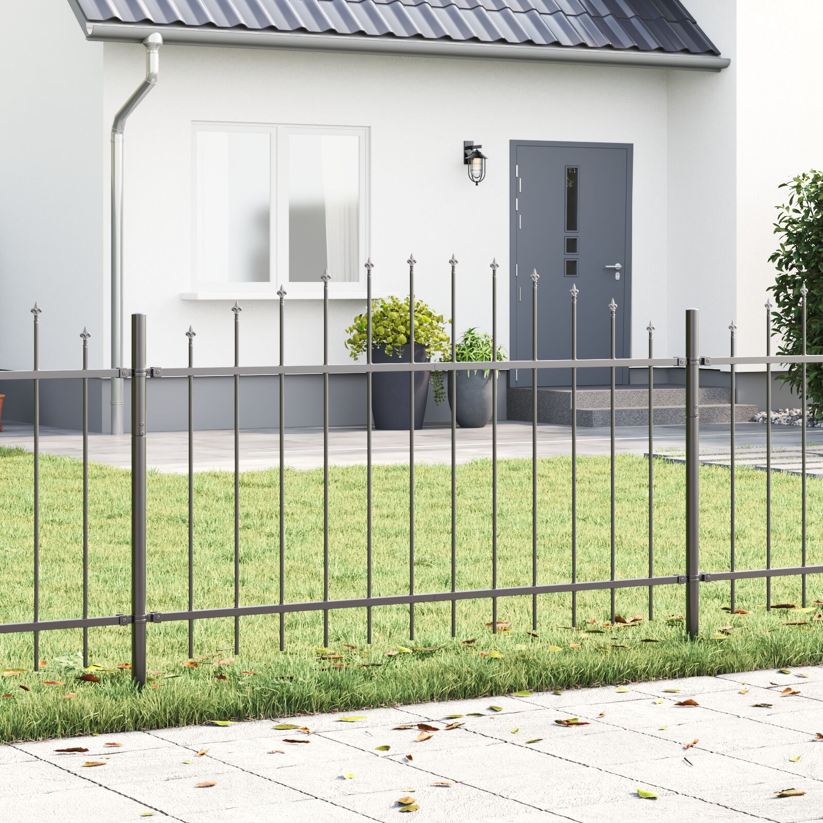vidaXL Gartenzaun mit Bogenoberteil Grau 5,1x1 m aus Stahl