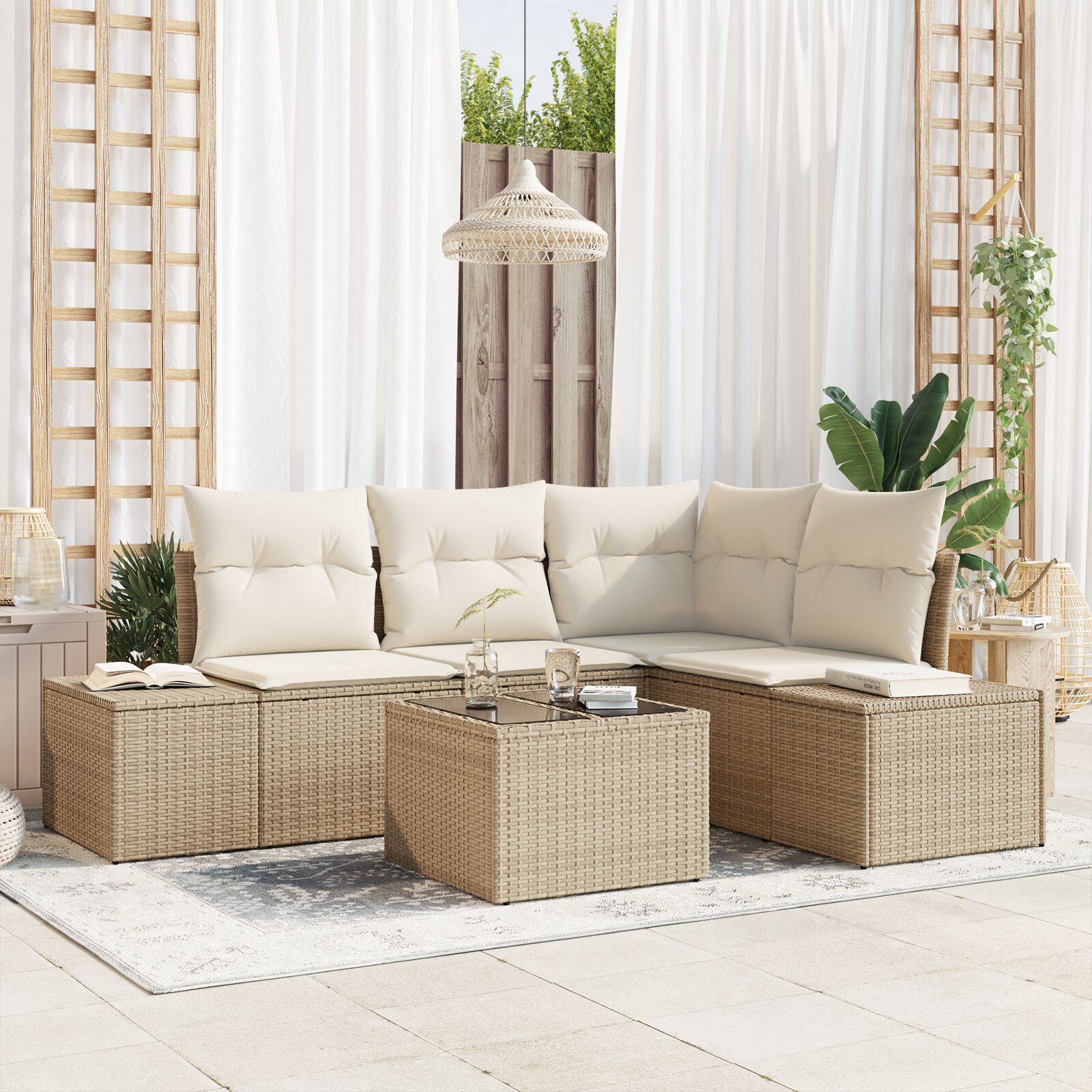 5-teiliges Garten Sofa Set mit Kissen Braunes Poly Rattan