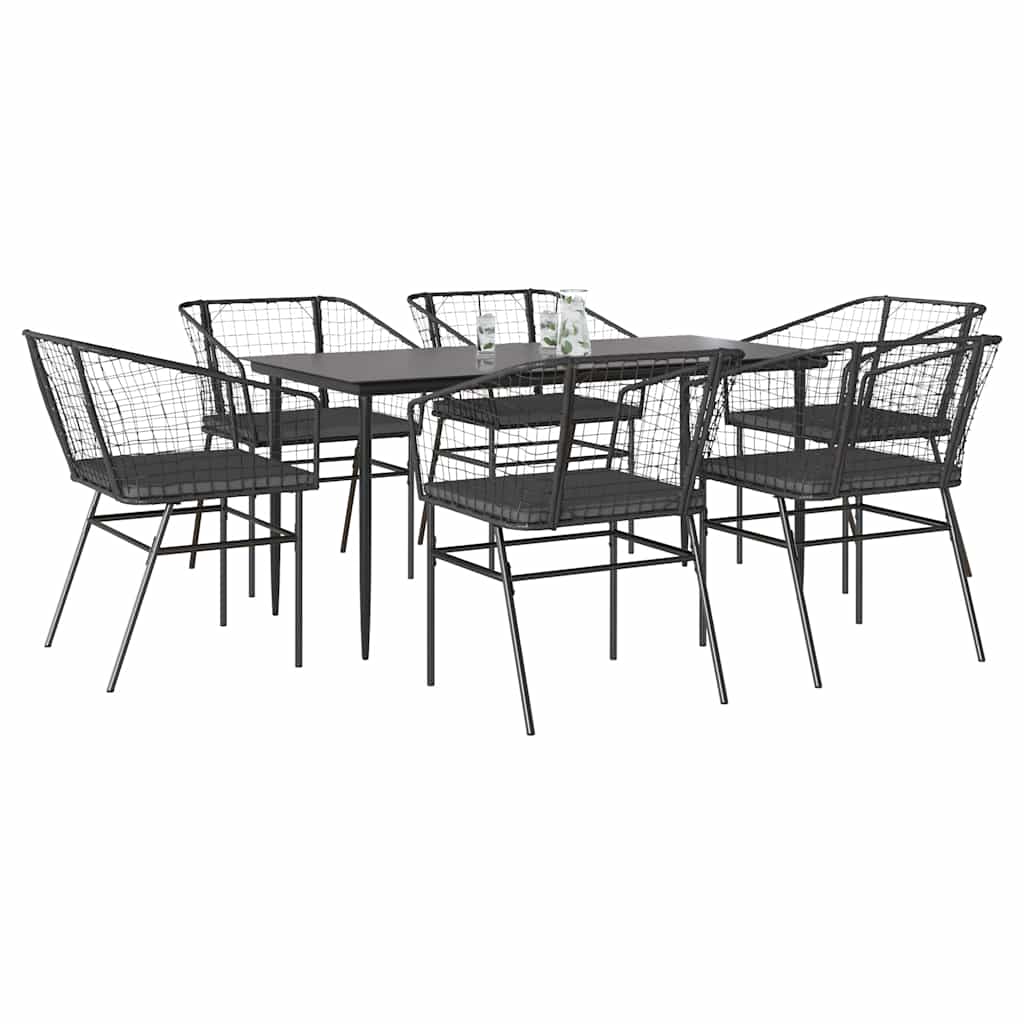 vidaXL 7-tlg. Garten-Essgruppe mit Kissen Schwarz Poly Rattan Glas
