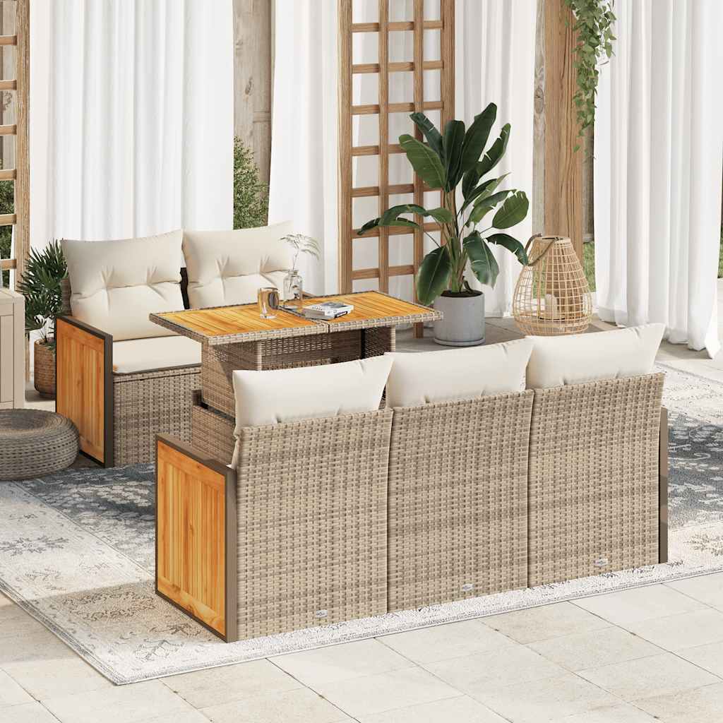 6-tlg. Garten-Sofagarnitur mit Kissen Beige Poly Rattan Akazie 6-tlg. Garten-Sofagarnitur mit Kissen Beige Poly Rattan Akazie