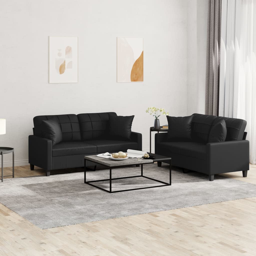 2-tlg. Sofagarnitur mit Kissen Schwarz Kunstleder 2-tlg. Sofagarnitur mit Kissen Schwarz Kunstleder
