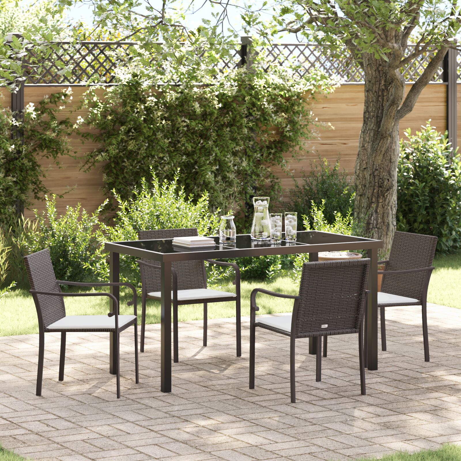 vidaXL 5-teiliges Gartentischset mit Kissen in Braun aus Poly-Rattan vidaXL 5-teiliges Gartentischset mit Kissen in Braun aus Poly-Rattan