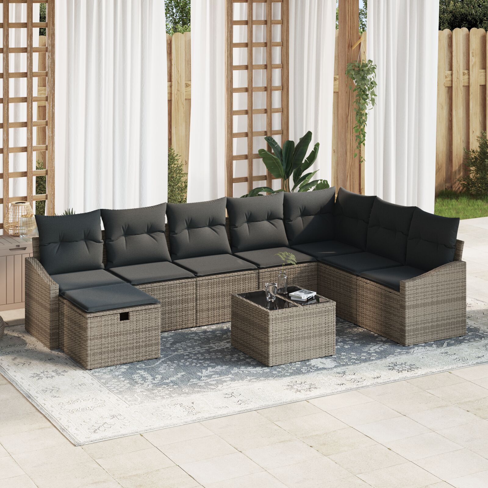 9-teiliges Garten Sofaset mit Kissen Grau Poly Rattan 9-teiliges Garten Sofaset mit Kissen Grau Poly Rattan
