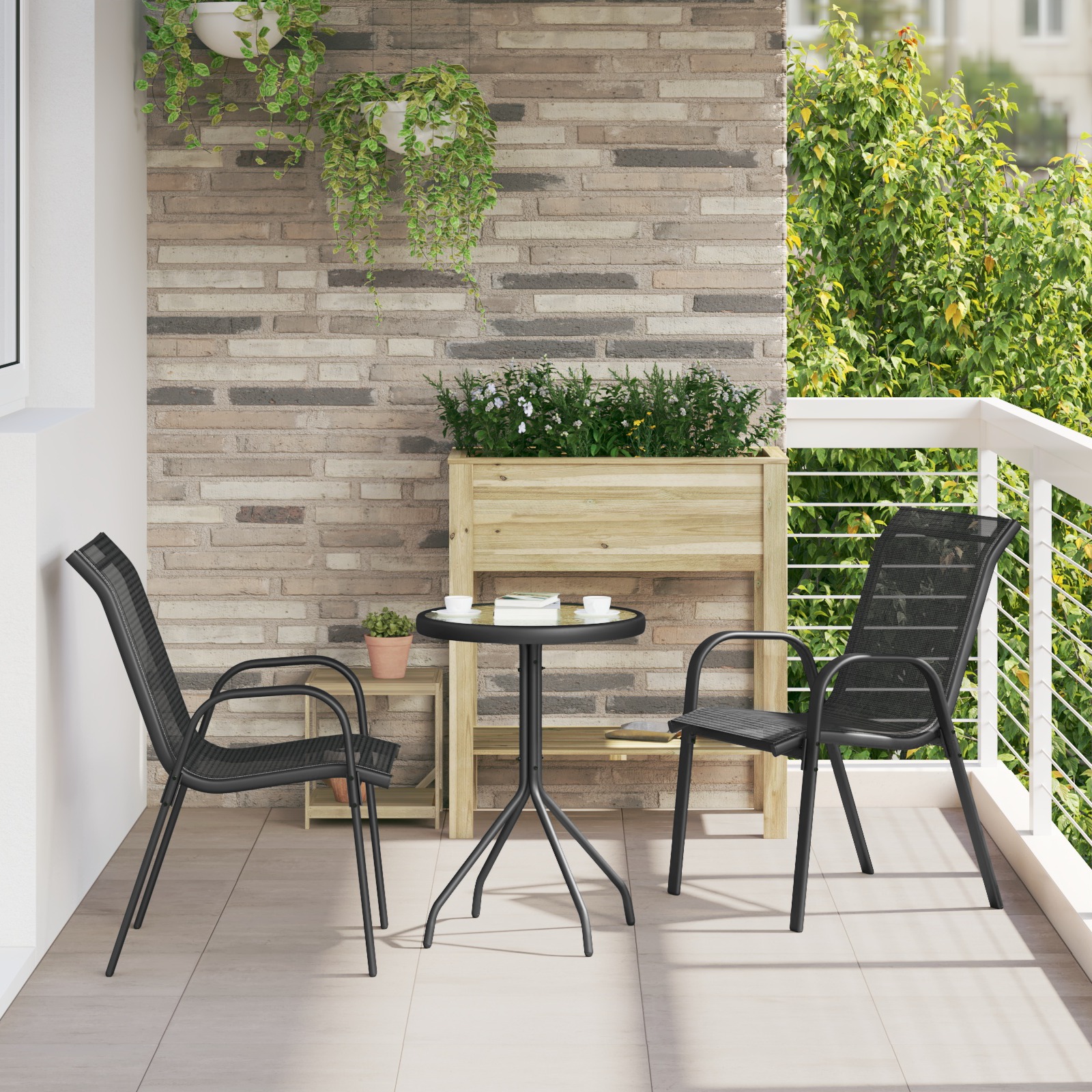 3-teiliges Garten Bistro Set Schwarz Textilene und Stahl 3-teiliges Garten Bistro Set Schwarz Textilene und Stahl
