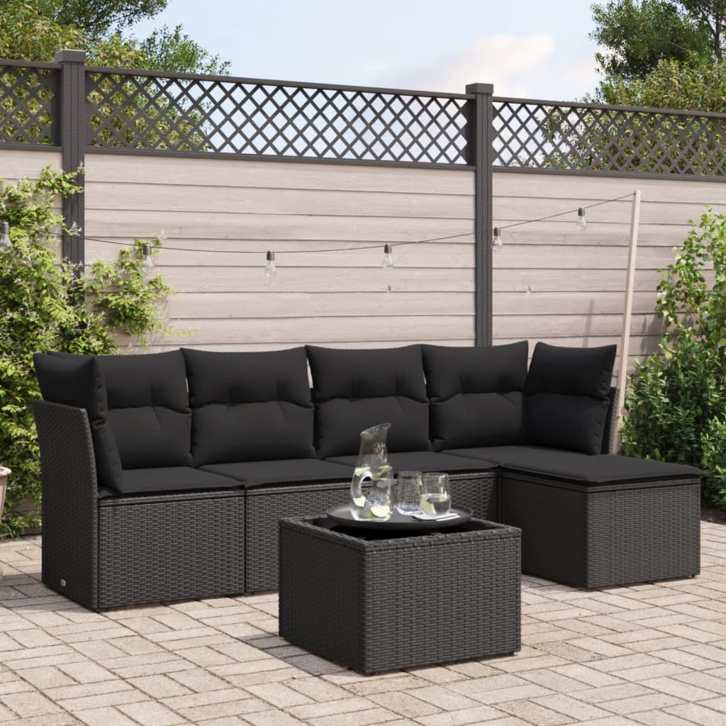 6-tlg. Garten-Sofagarnitur mit Kissen Schwarz Poly Rattan 6-tlg. Garten-Sofagarnitur mit Kissen Schwarz Poly Rattan