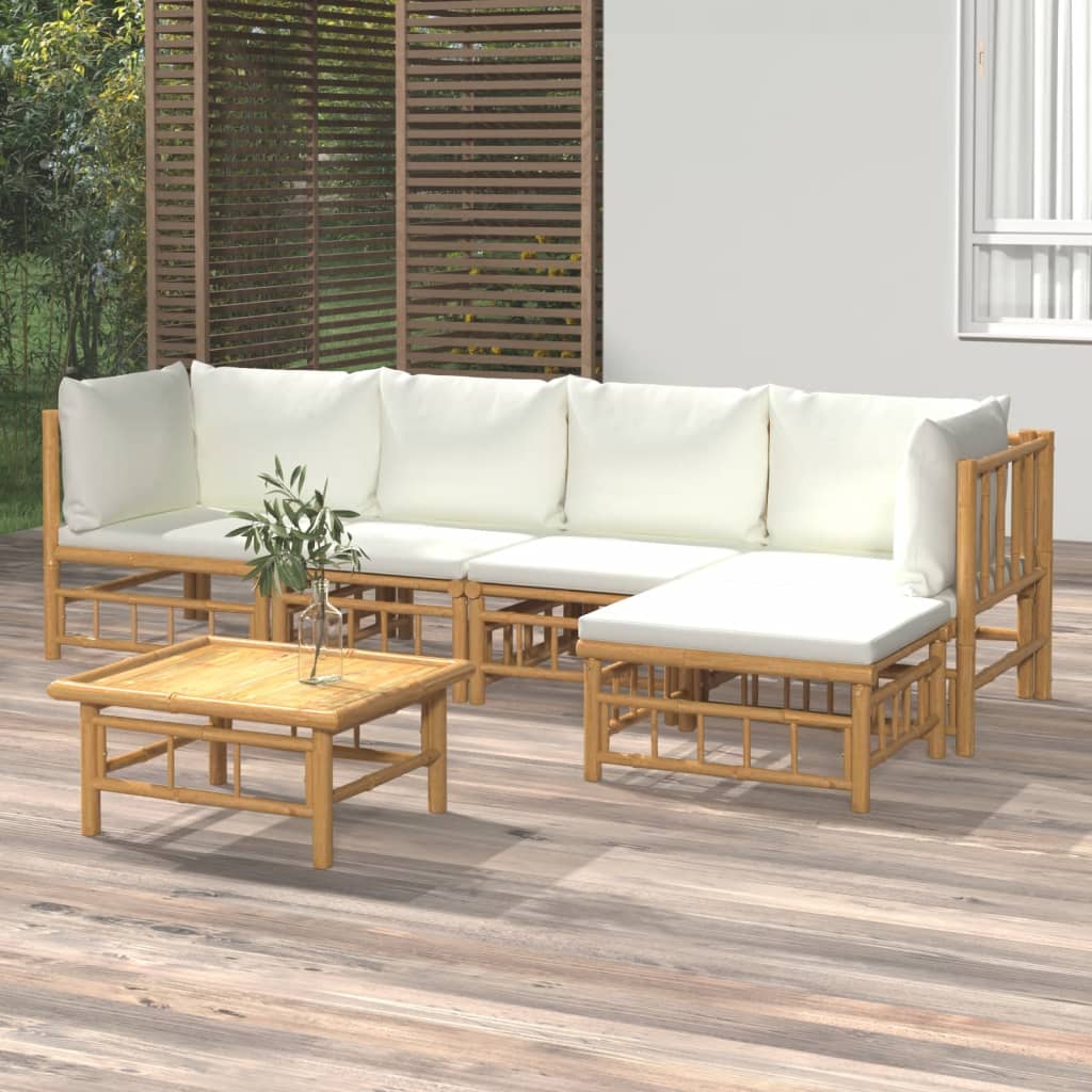 6-tlg. Garten-Lounge-Set mit Cremeweißen Kissen Bambus 6-tlg. Garten-Lounge-Set mit Cremeweißen Kissen Bambus