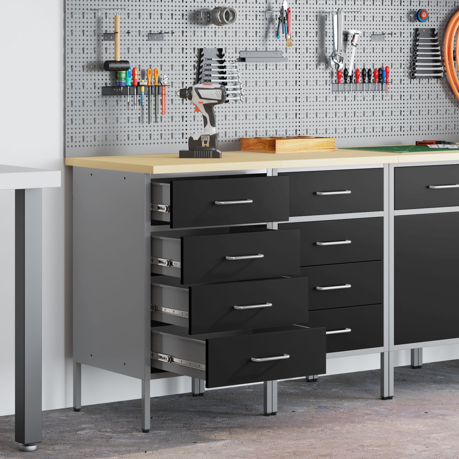vidaXL Werkbank 2er Set Schwarz und Grau aus Holzwerkstoff und Stahl