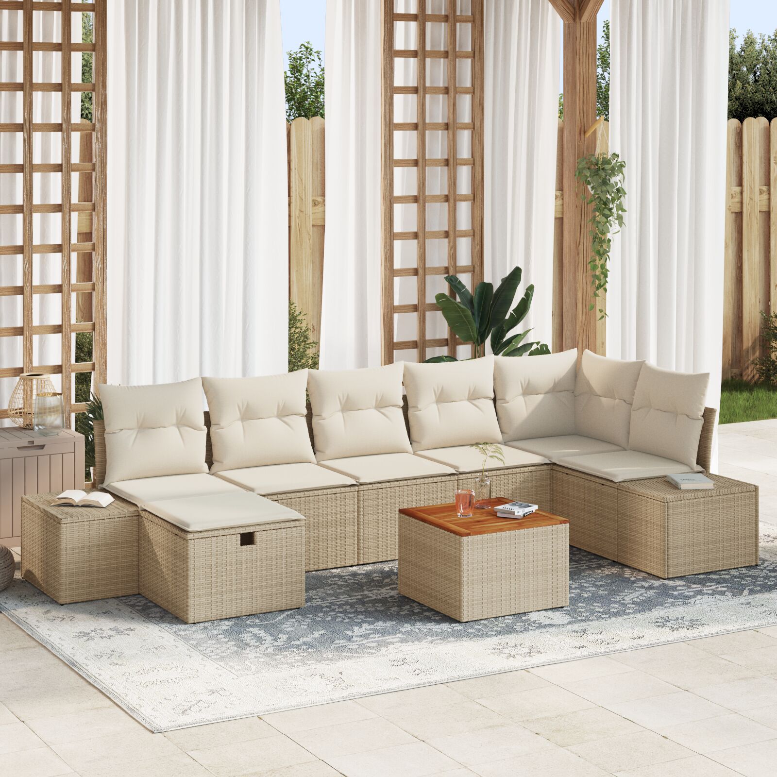 8-teiliges Garten-Sofa Set mit Kissen Beige Poly Rattan 8-teiliges Garten-Sofa Set mit Kissen Beige Poly Rattan