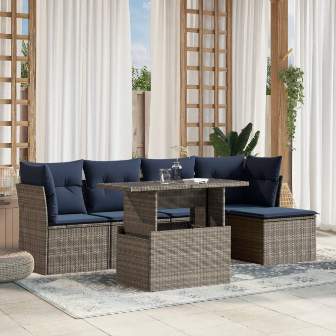 6-teiliges Gartensofa-Set mit Kissen, grau, Polyrattan