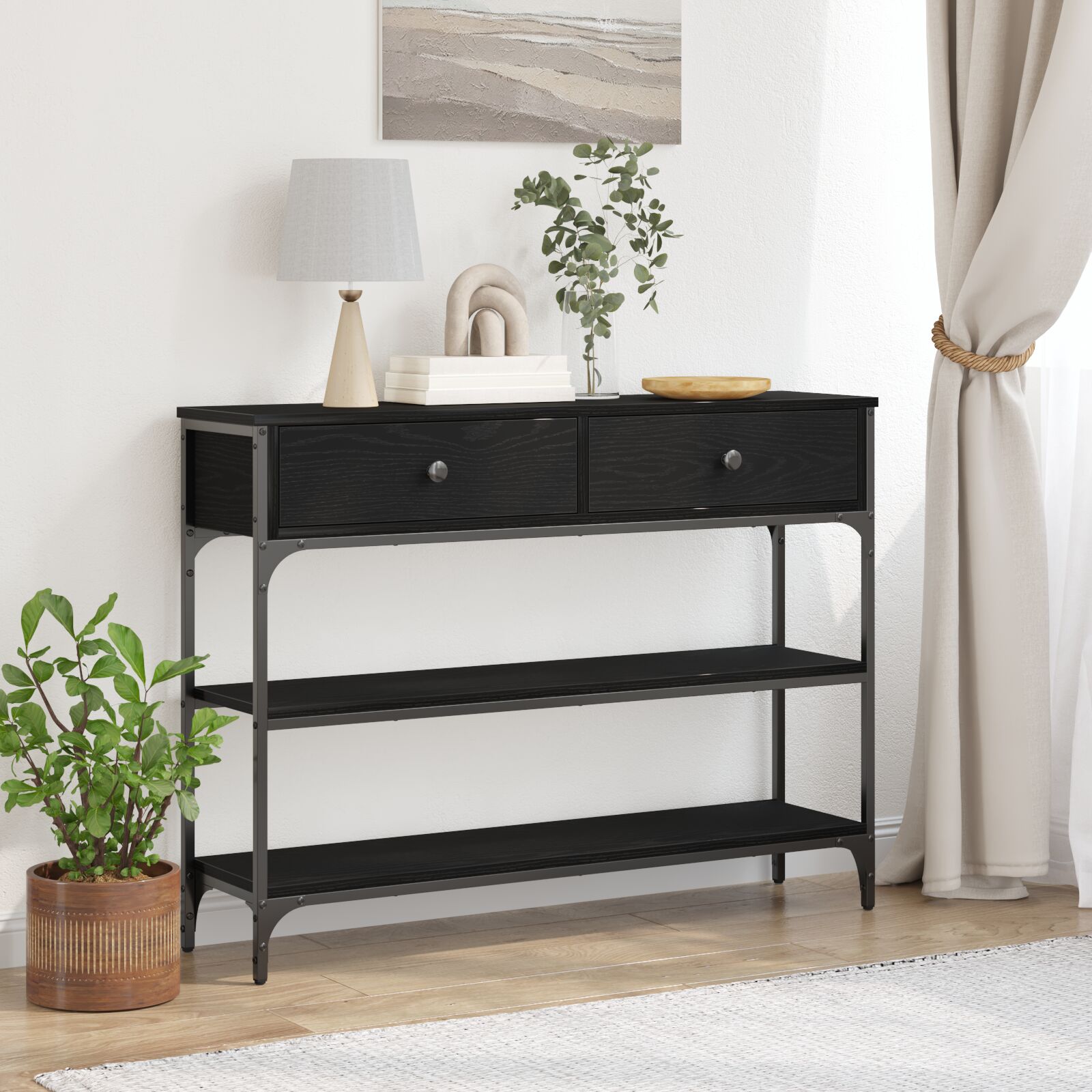 vidaXL Konsole Tisch Schwarz Eiche 100x25x75 cm Ingenieurholz & Stahl