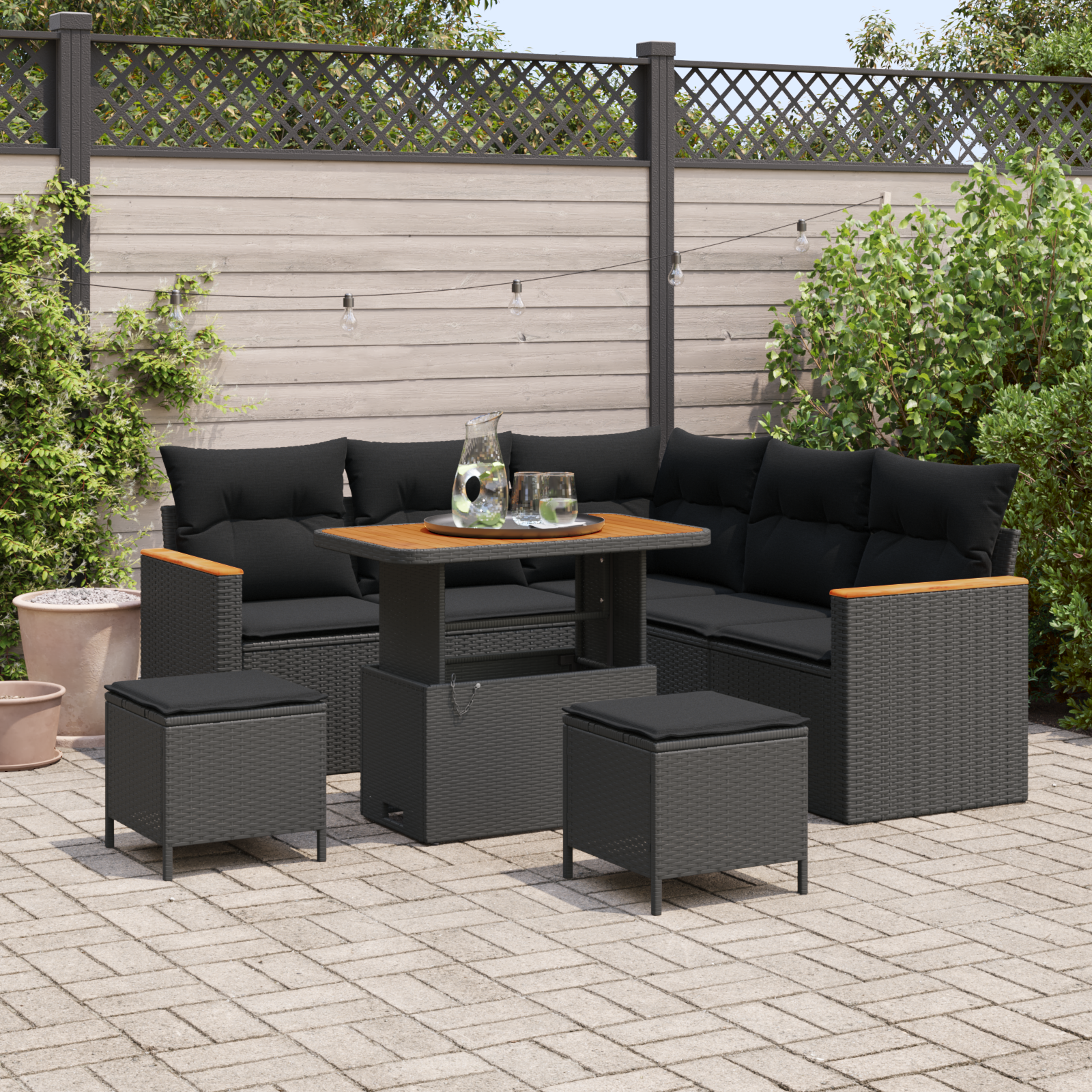 8-teiliges Garten Sofa Set mit Kissen Schwarz Poly Rattan Akazie