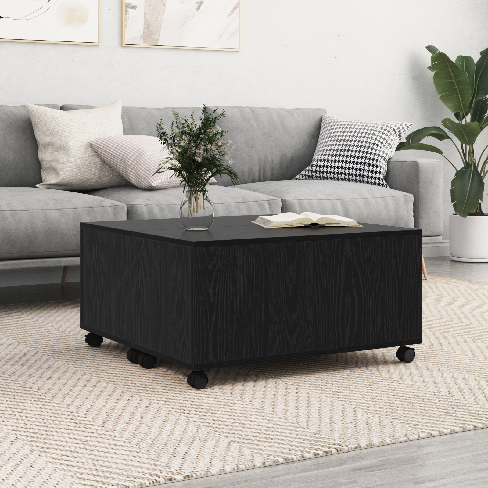 Couchtisch mit Rad Schwarze Eiche 75 x 75 x 38 cm Holzwerkstoff