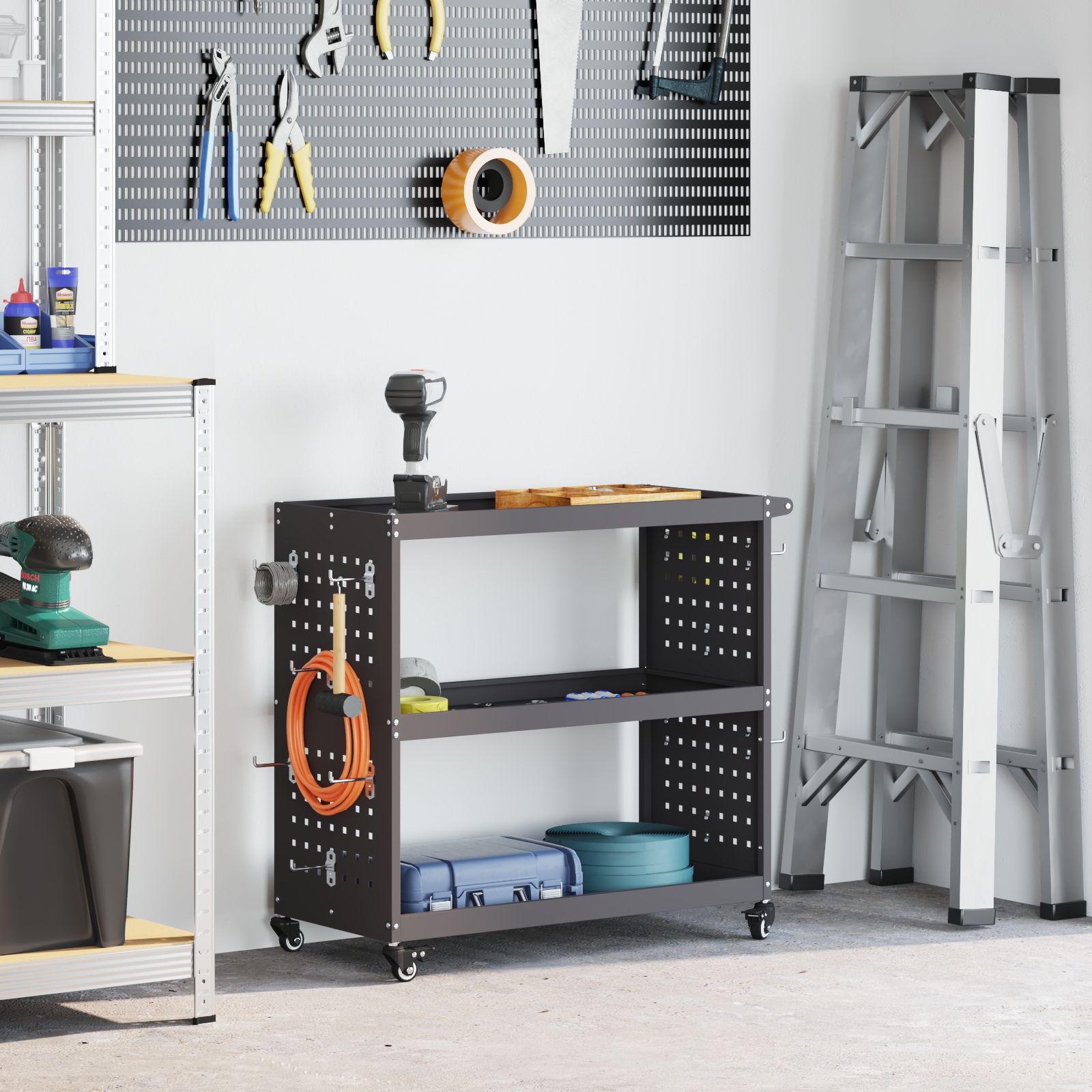 Werkzeugwagen mit Regal mit Rad mit Speicher Schwarz 75 x 35 x 73 cm Metall