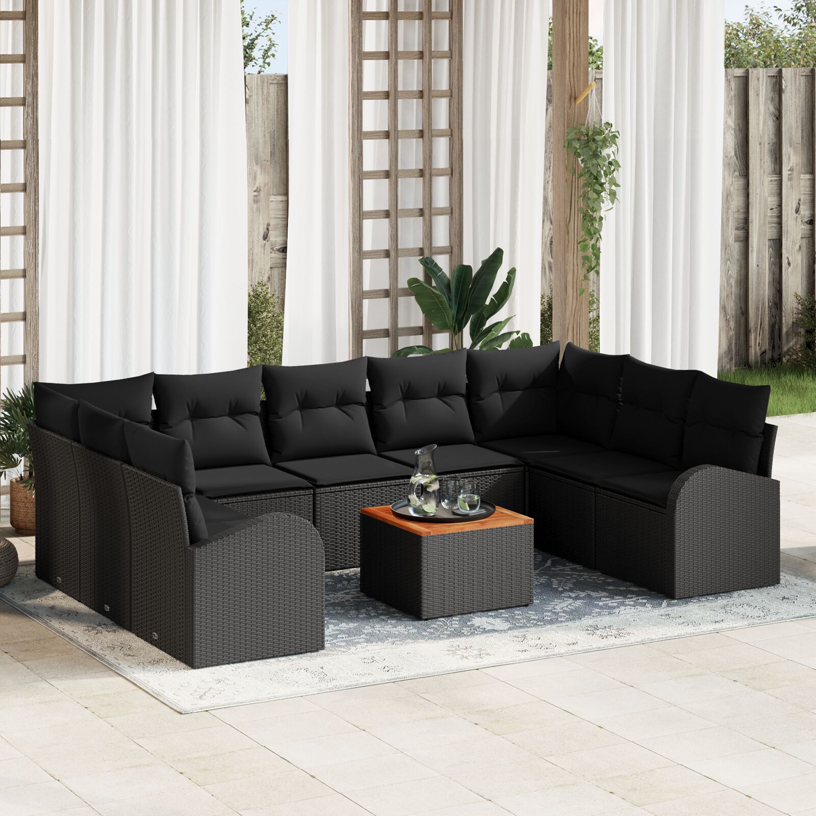 10-teiliges Gartensofa Set mit Kissen Schwarz Poly Rattan Akazie 10-teiliges Gartensofa Set mit Kissen Schwarz Poly Rattan Akazie