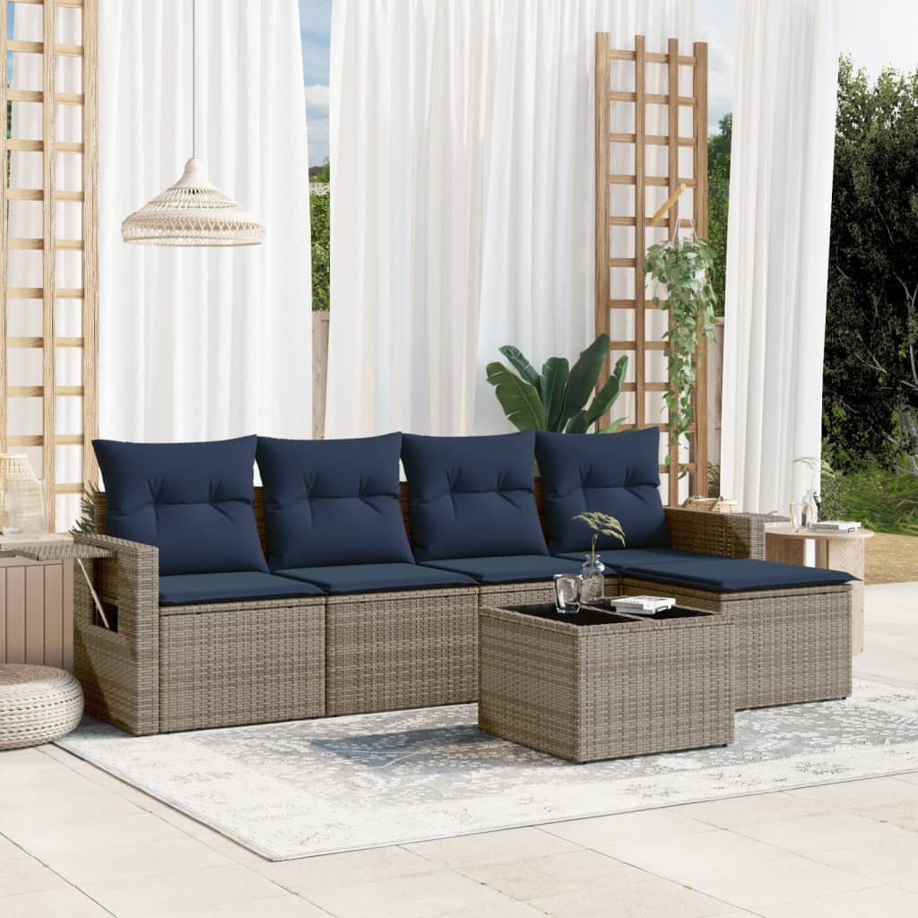 6-teiliges Gartensofa-Set mit Kissen, grau, Polyrattan