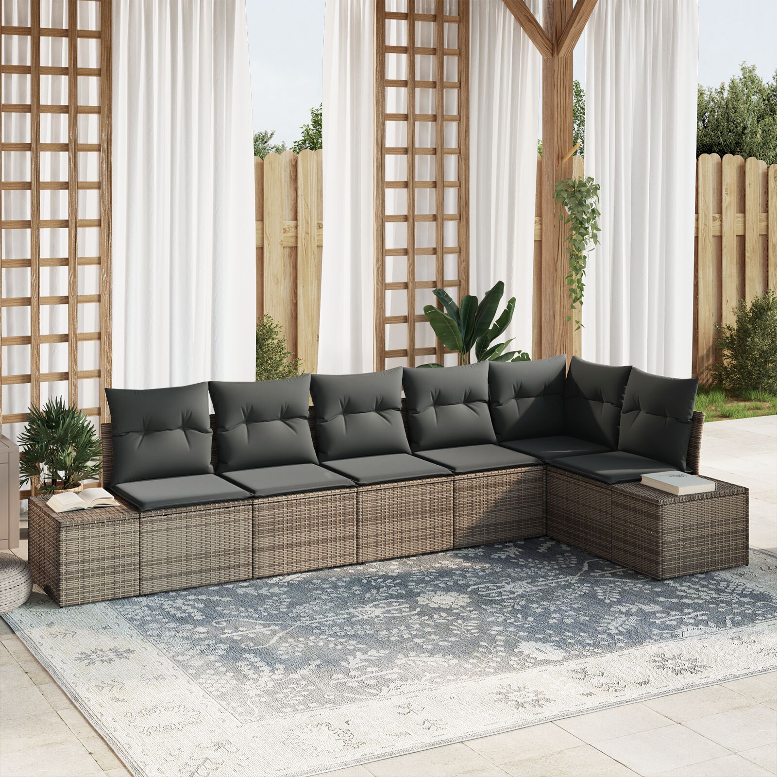 6-teiliges Garten-Sofa-Set mit Kissen Grau Poly-Rattan 6-teiliges Garten-Sofa-Set mit Kissen Grau Poly-Rattan