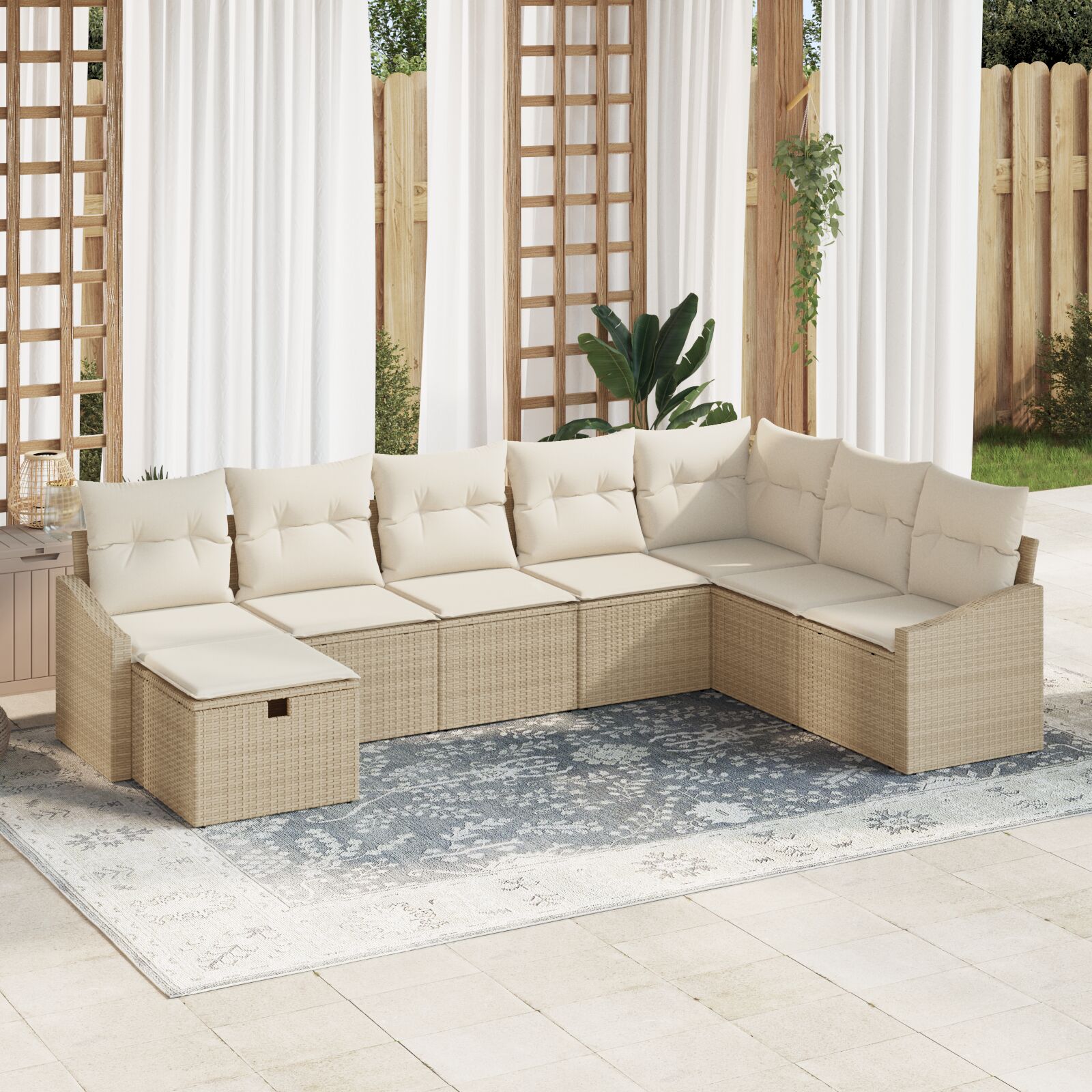 8-teiliges Garten-Sofa-Set mit Kissen Beige Poly Rattan