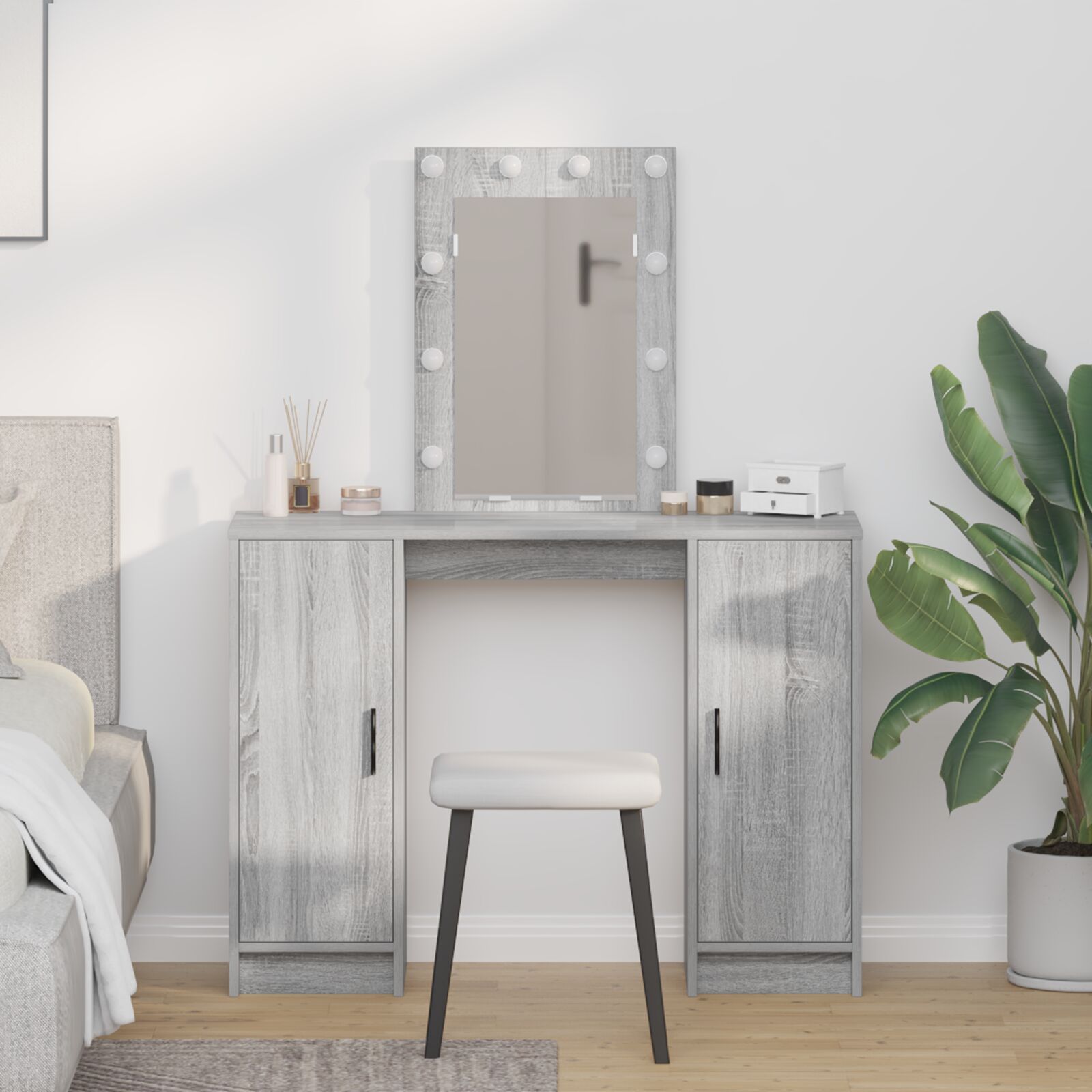 vidaXL Schminktisch mit LED-Lichtern in Grau Sonoma, 102x33x135 cm