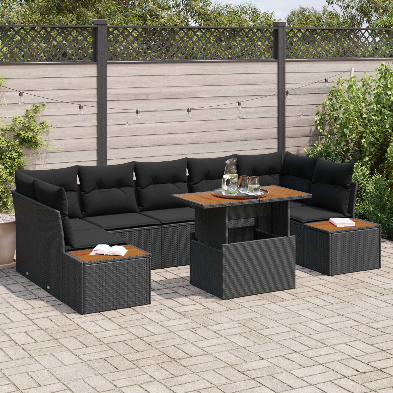 8-teiliges Garten Esszimmer Set mit Kissen Schwarz Poly Rattan Akazie 8-teiliges Garten Esszimmer Set mit Kissen Schwarz Poly Rattan Akazie